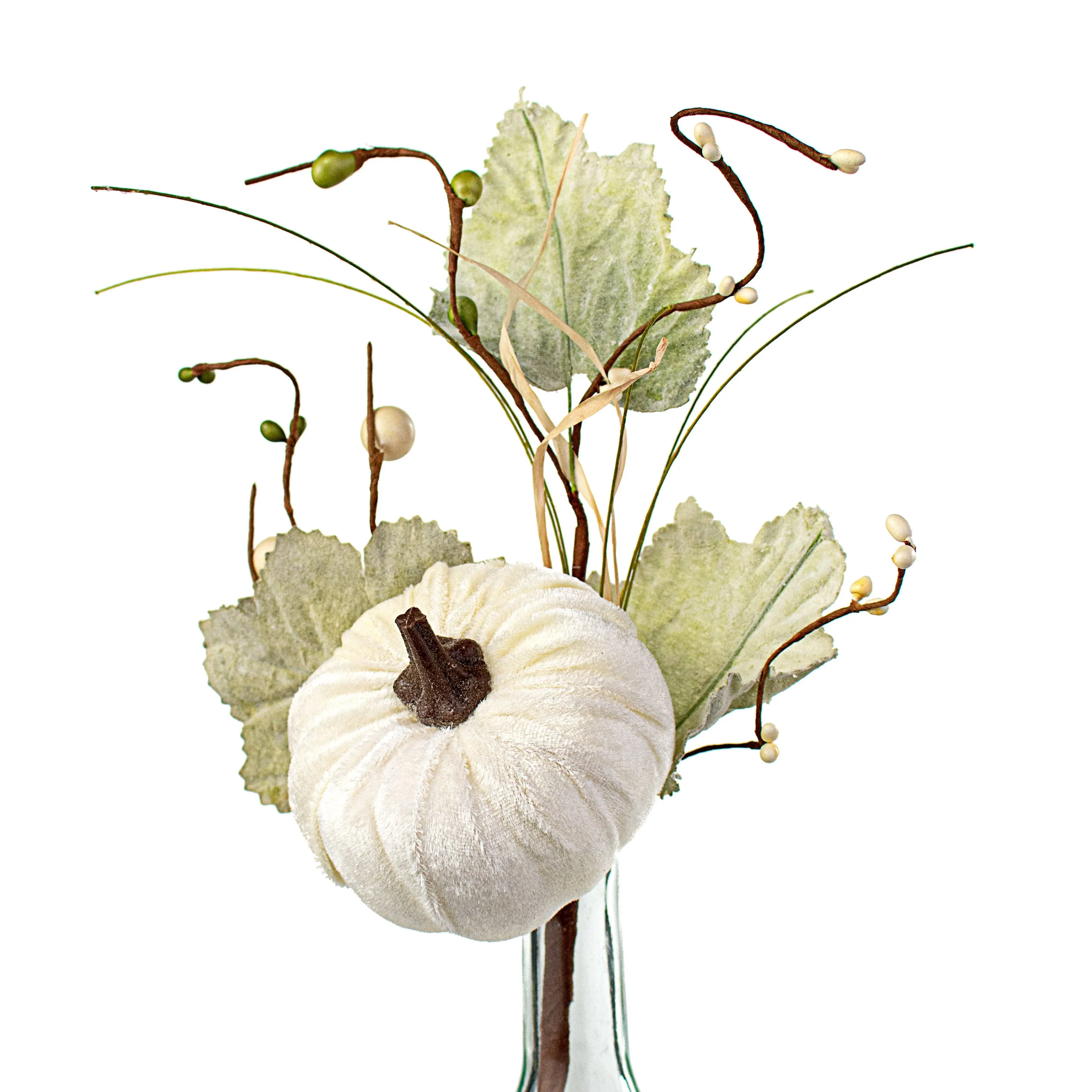 14" Velvet Pumpkin, Berry, Leaves Pick: Cream