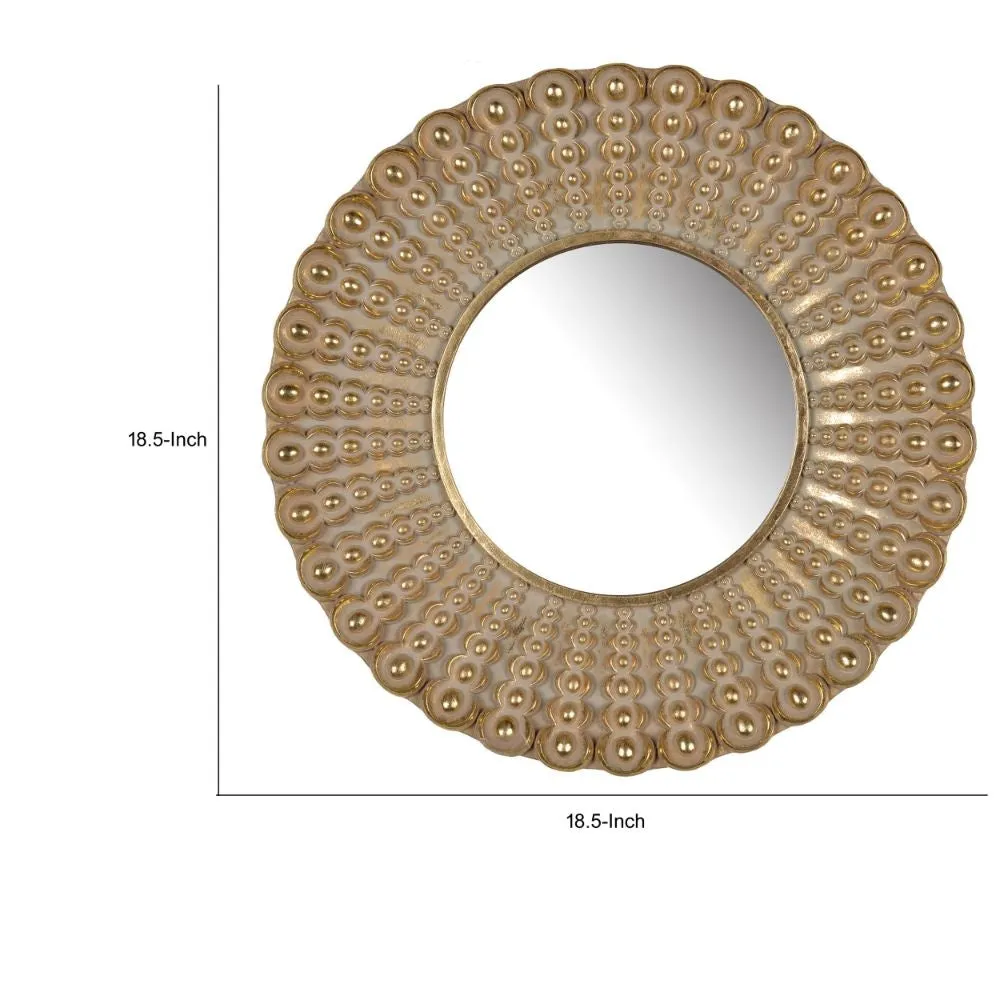 19 Inch Wall Mirror, Beaded Sunburst Design, Gold Finished Metal Frame By Casagear Home