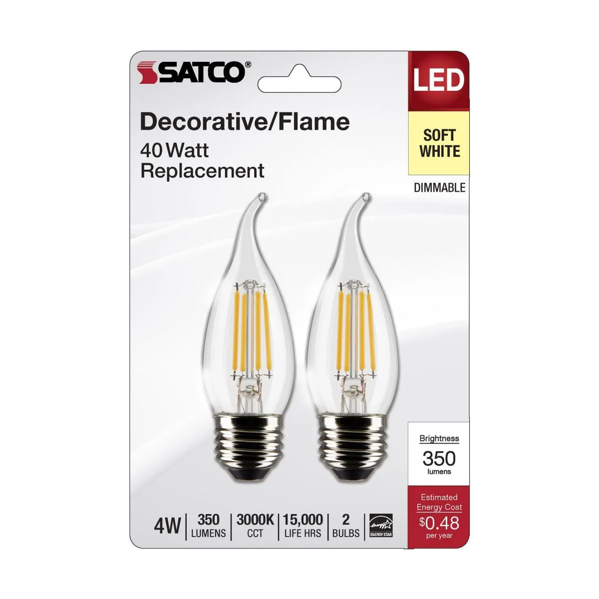 CA10 Filament LED Bulb, 4W, 350 Lumens, 40W Equal, 3000K, E26 Base, Clear Finish, Pack Of 2