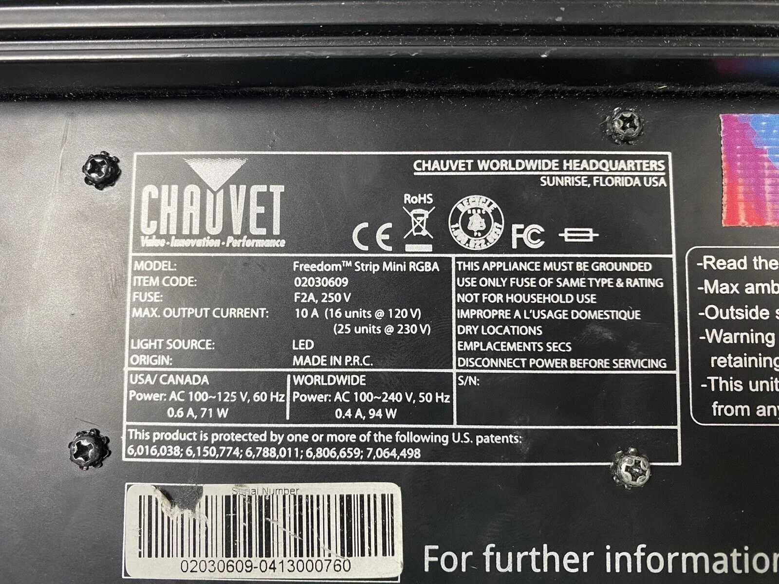 Chauvet Freedom Strip Mini RGBA Light Strip Fixture No AC Adapter Tested