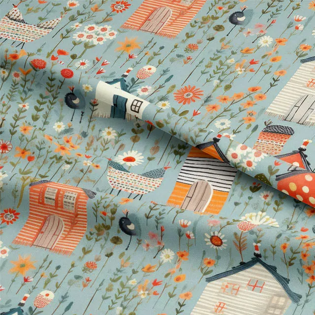 Folk House Cotton Curtain Fabric - Orange