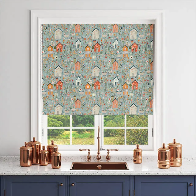 Folk House Cotton Curtain Fabric - Orange
