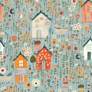 Folk House Cotton Curtain Fabric - Orange
