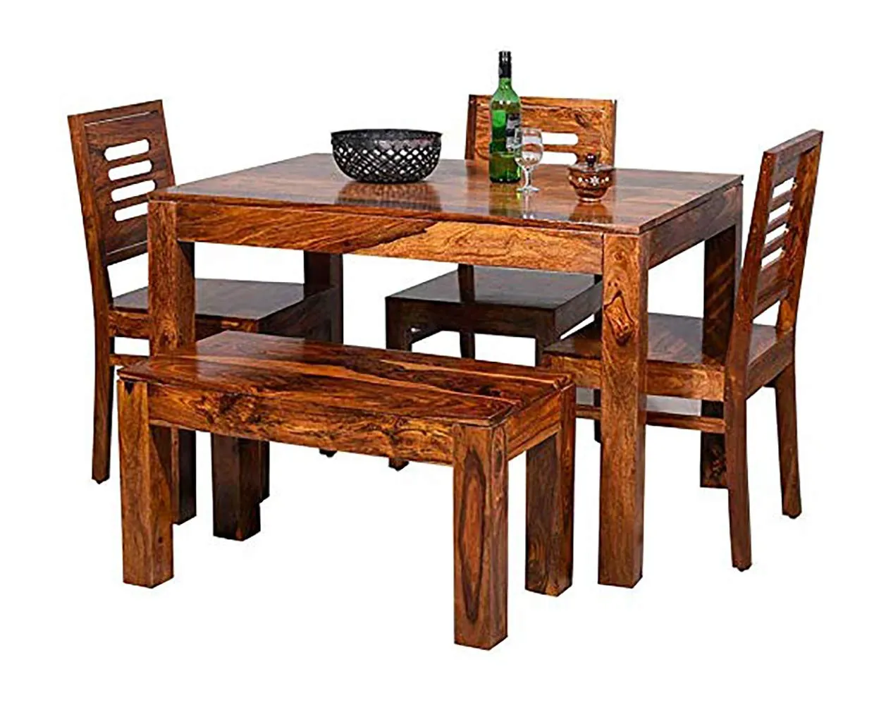 Furinno Sheesham Wood 4 Seater Dining Table Set with 3 Chairs and 1 Bench for Home Dining Room Furniture (Honey Finish)
