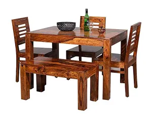 Furinno Sheesham Wood 4 Seater Dining Table Set with 3 Chairs and 1 Bench for Home Dining Room Furniture (Honey Finish)