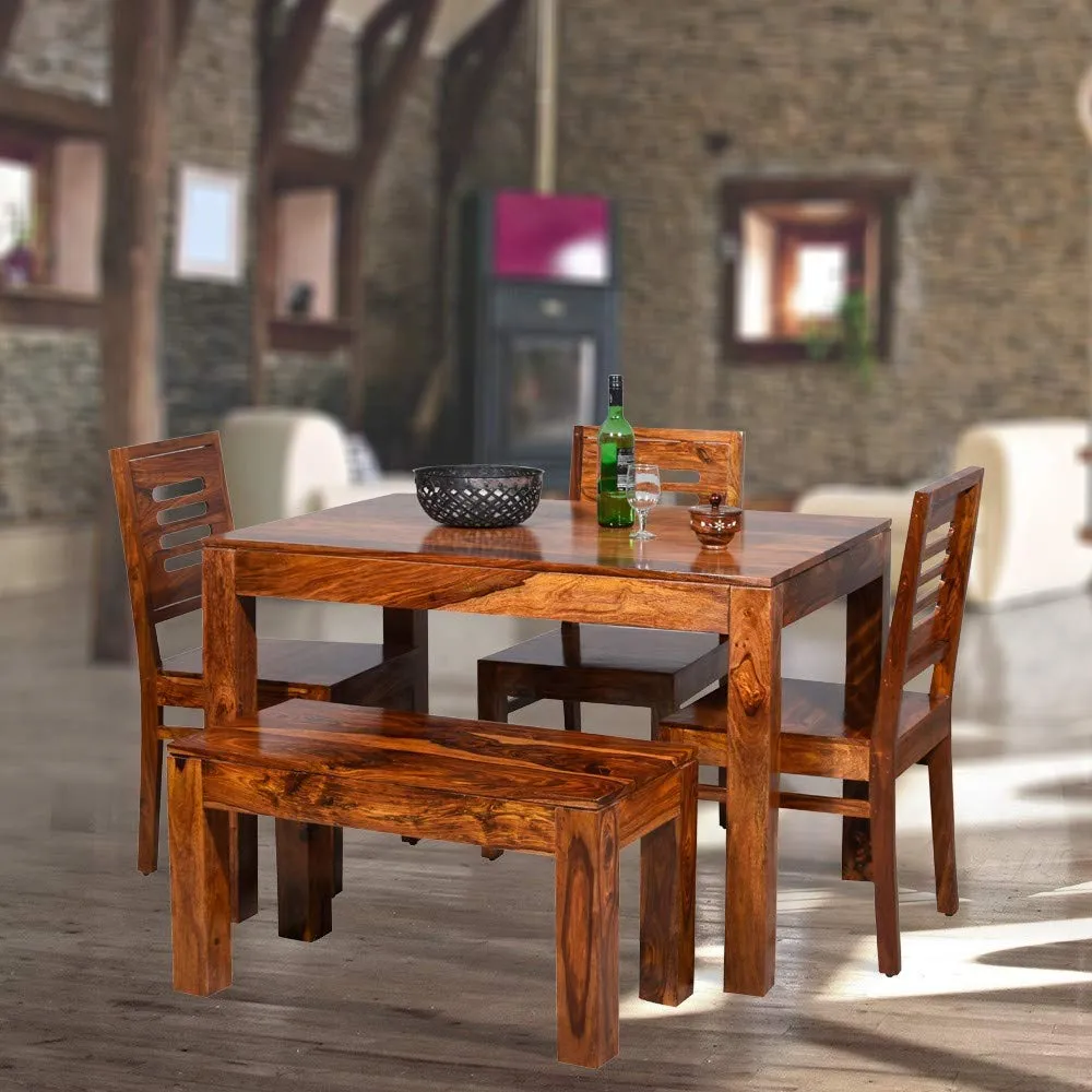 Furinno Sheesham Wood 4 Seater Dining Table Set with 3 Chairs and 1 Bench for Home Dining Room Furniture (Honey Finish)