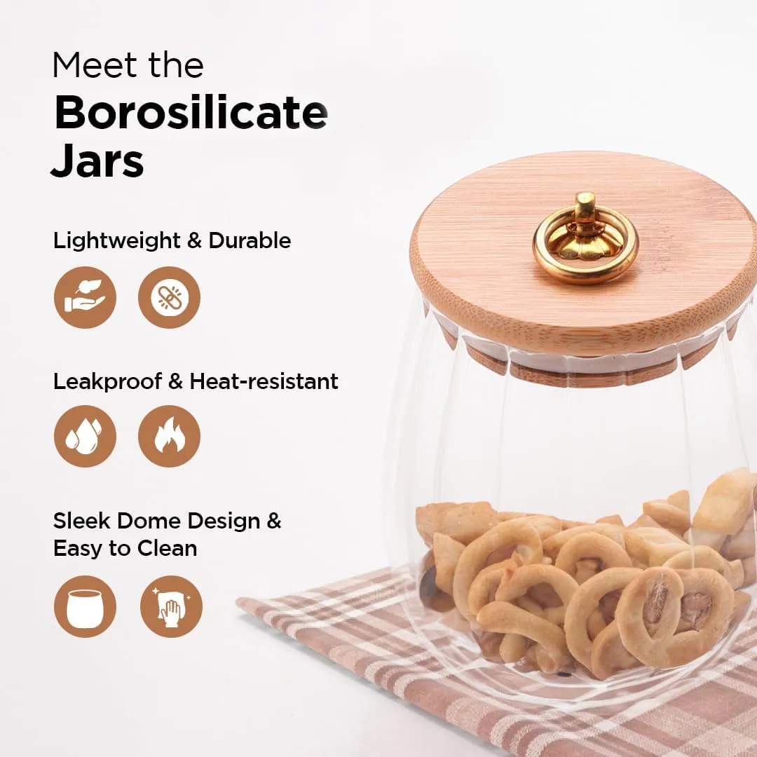 Homestic Borosilicate Glass Jar with Bamboo Lid | Kitchen Organizer Items & Storage | Multi-utility, Leakproof, Airtight Jar for Cookies, Snacks, Tea, Coffee, Sugar | Set of 2 (680ml, 830ml)