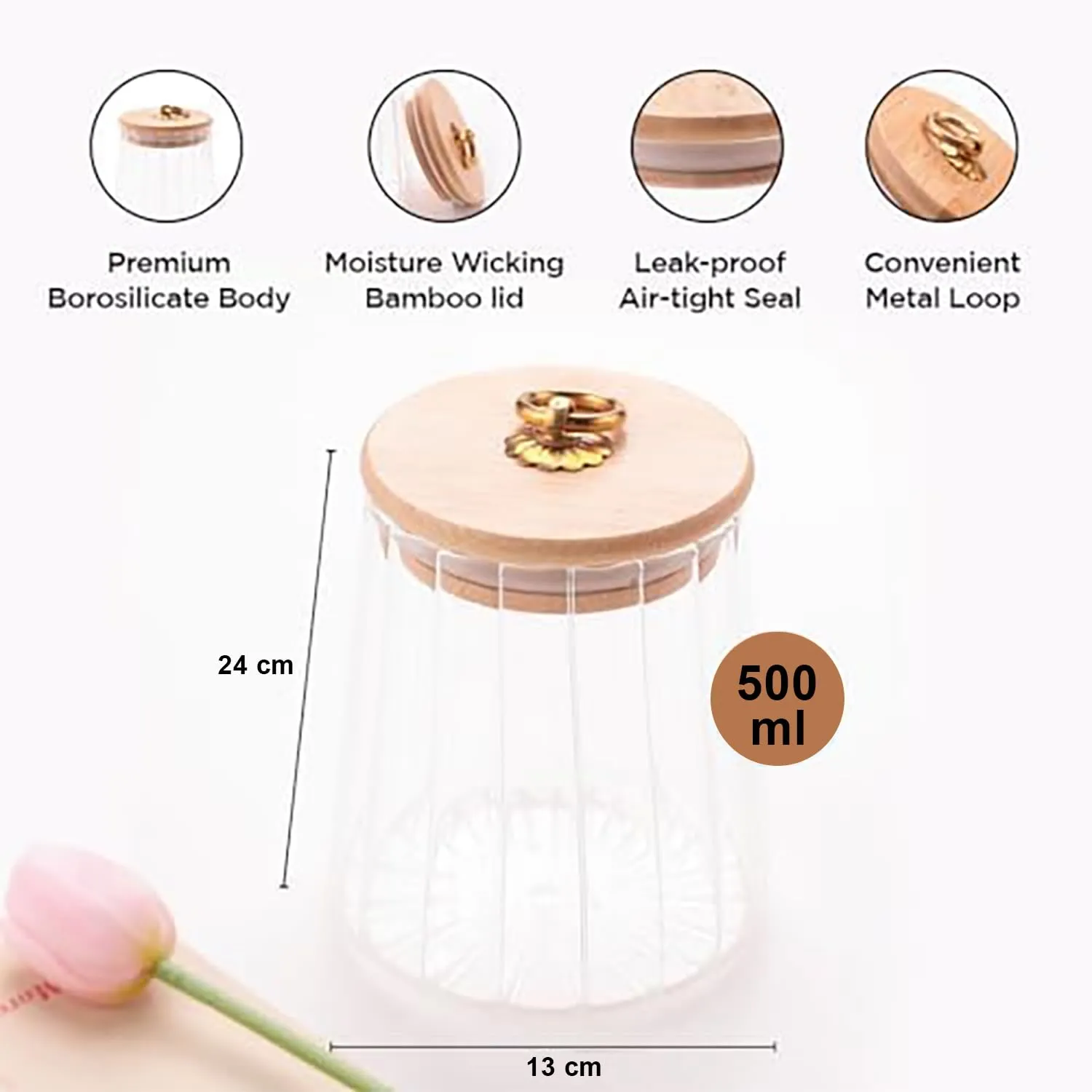 Homestic Borosilicate Glass Jar with Bamboo Lid | Kitchen Organizer Items & Storage | Multi-utility, Leakproof, Airtight Storage Jar for Cookies, Snacks, Tea, Coffee, Sugar (620 ml, Pack of 2)