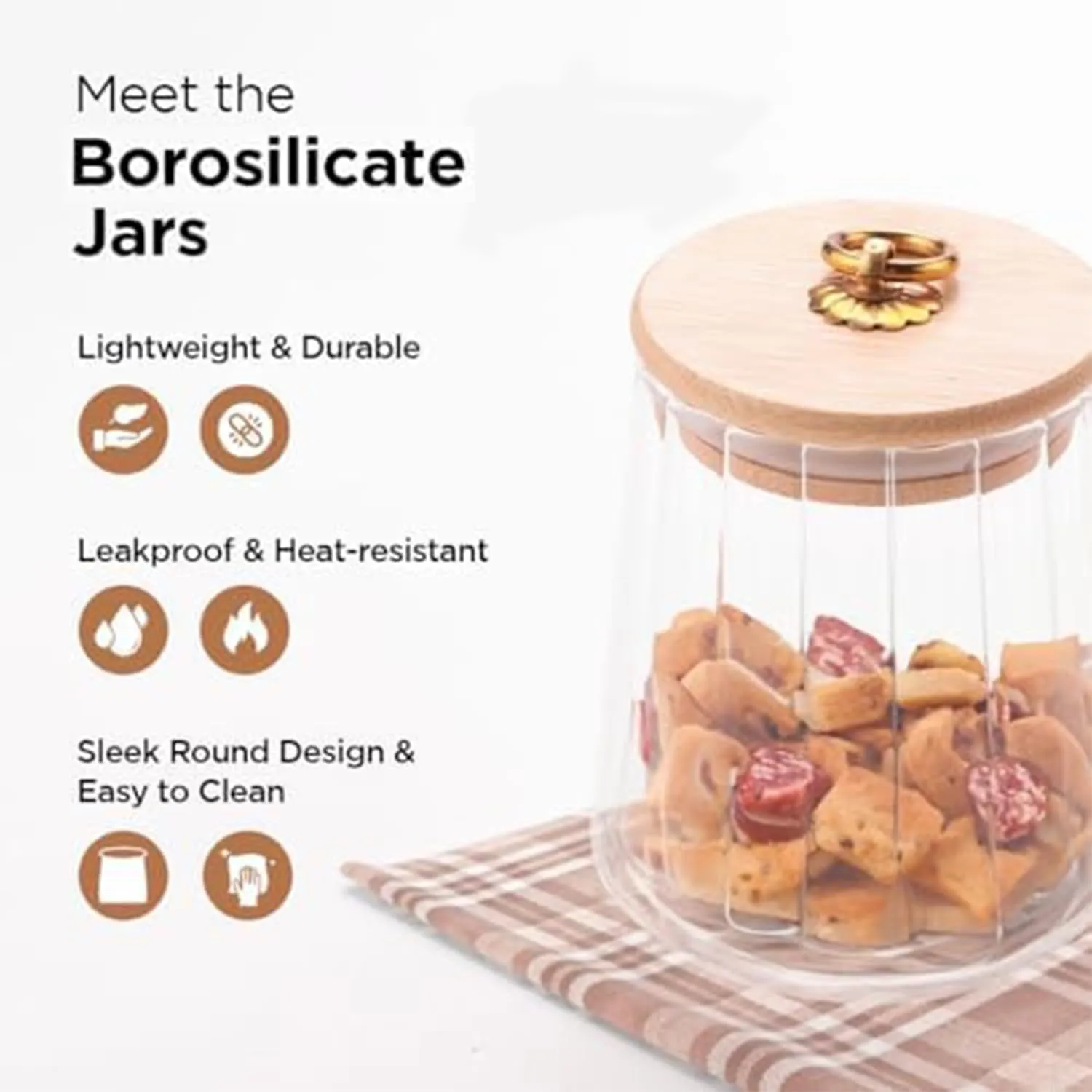 Homestic Borosilicate Glass Jar with Bamboo Lid | Kitchen Organizer Items & Storage | Multi-utility, Leakproof, Airtight Storage Jar for Cookies, Snacks, Tea, Coffee, Sugar (620 ml, Pack of 2)