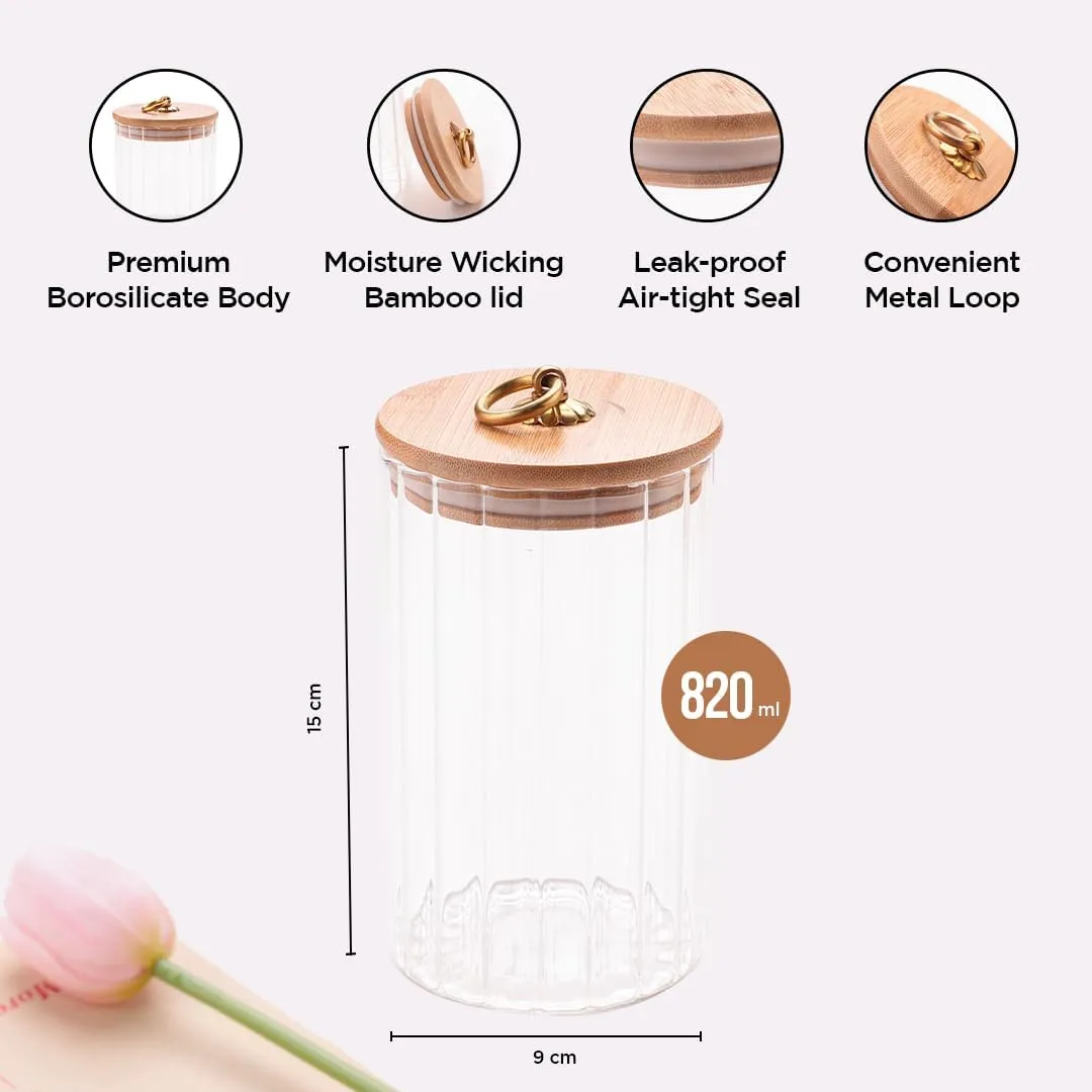 Homestic Borosilicate Glass Jar with Bamboo Lid | Kitchen Organizer Items & Storage | Multi-utility, Leakproof, Airtight Storage Jar for Cookies, Snacks, Tea, Coffee, Sugar | Set of 2 (820ml)