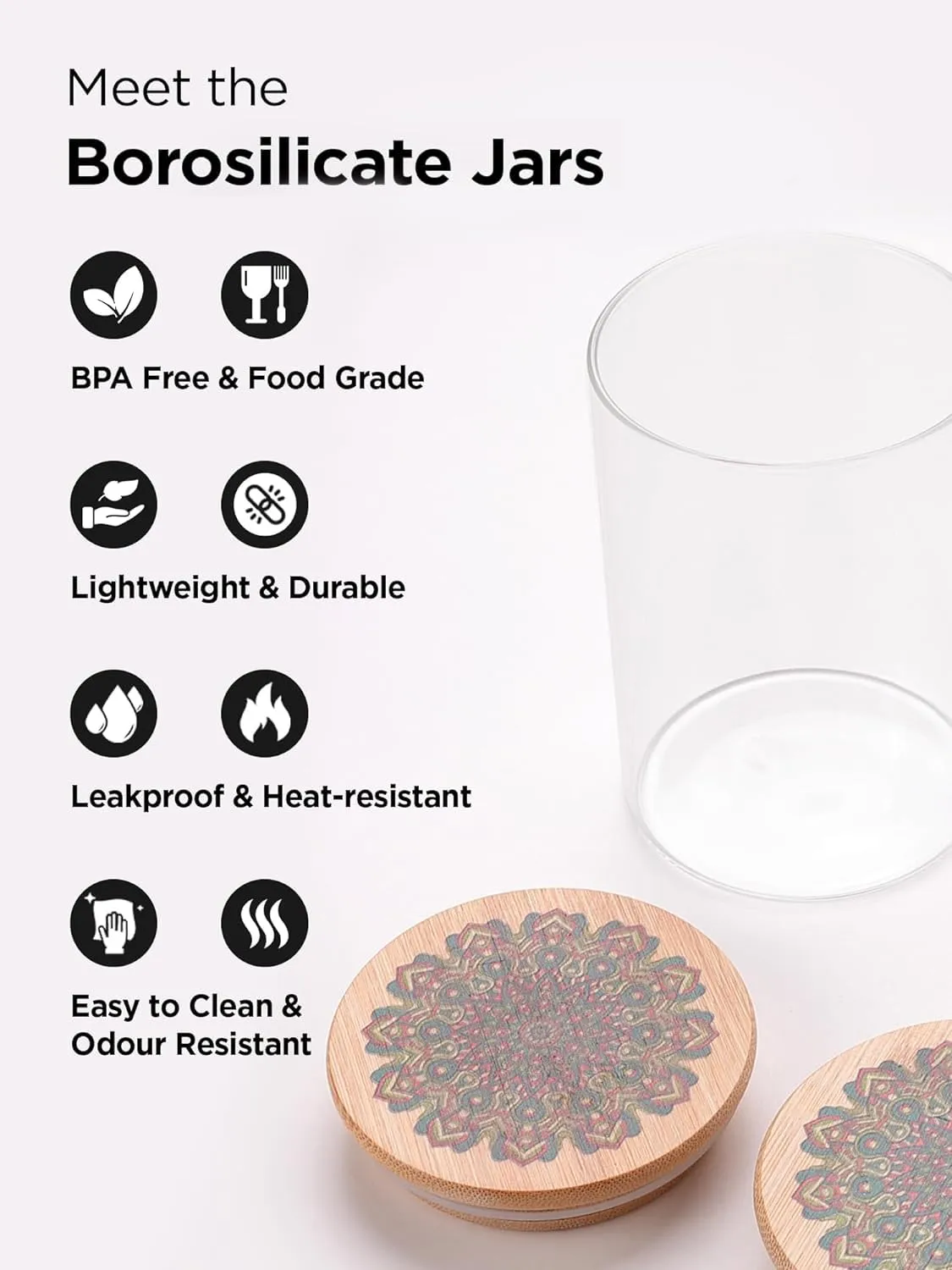 Homestic Borosilicate Glass Jar with Printed Bamboo Lid|Kitchen Organizer Items and Storage|Multi-utility, Leakproof, Airtight Storage Jar for Cookies,Snacks,Tea,Coffee,Sugar|Pack of 2(300ml)