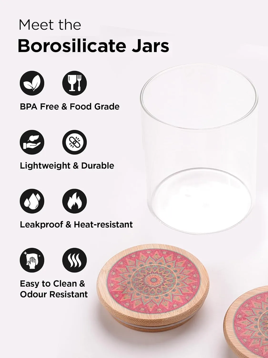 Homestic Borosilicate Glass Jar with Printed Bamboo Lid|Kitchen Organizer Items and Storage|Multi-utility, Leakproof, Airtight Storage Jar for Cookies,Snacks,Tea,Coffee,Sugar|Pack of 2(300ml)