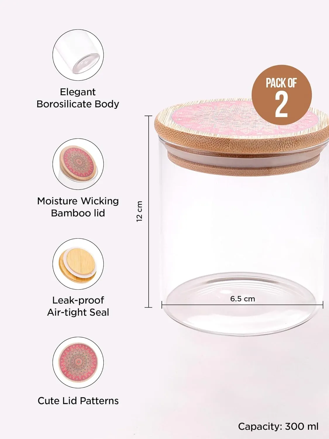 Homestic Borosilicate Glass Jar with Printed Bamboo Lid|Kitchen Organizer Items and Storage|Multi-utility, Leakproof, Airtight Storage Jar for Cookies,Snacks,Tea,Coffee,Sugar|Pack of 2(300ml)