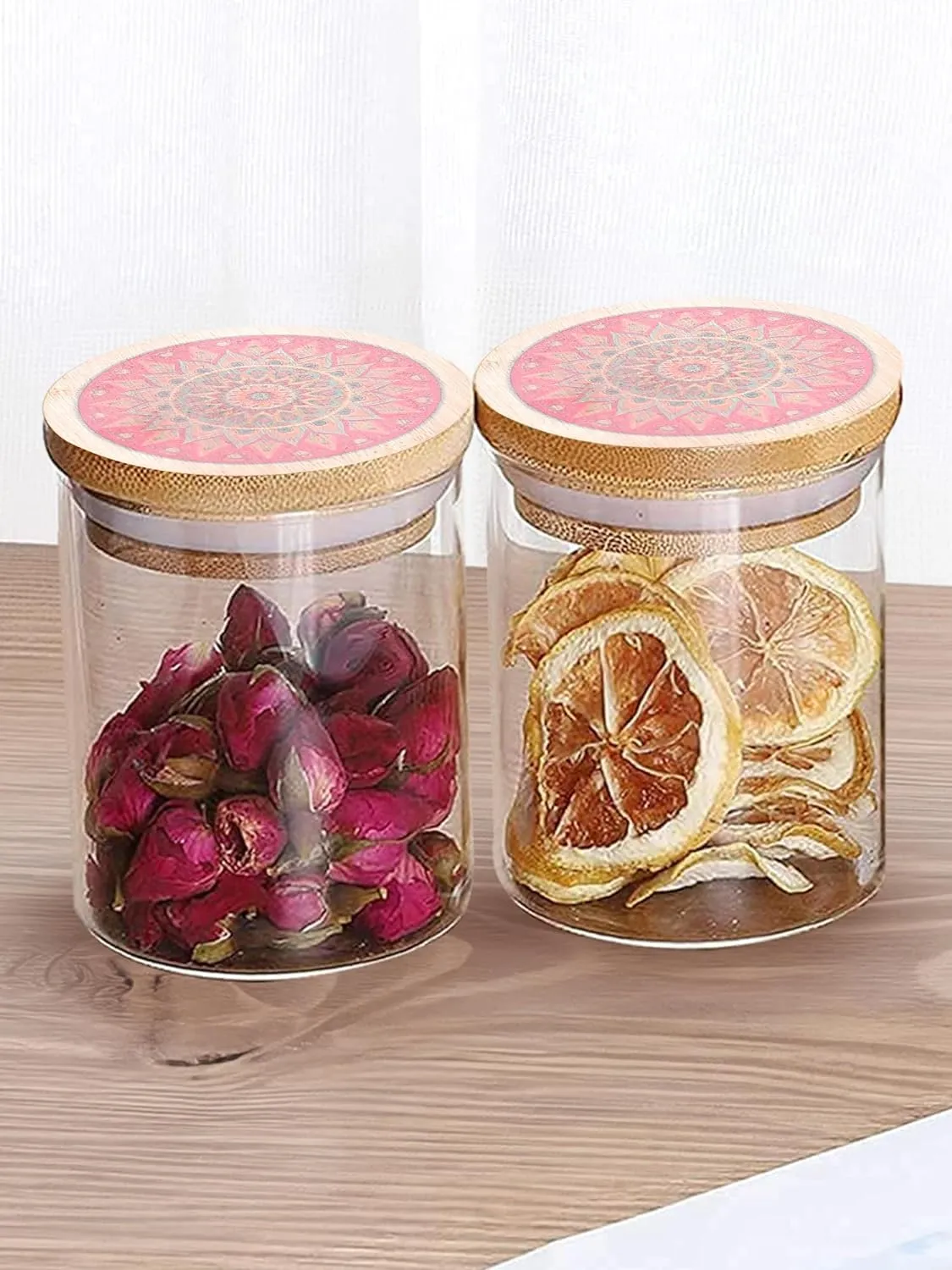 Homestic Borosilicate Glass Jar with Printed Bamboo Lid|Kitchen Organizer Items and Storage|Multi-utility, Leakproof, Airtight Storage Jar for Cookies,Snacks,Tea,Coffee,Sugar|Pack of 2(300ml)