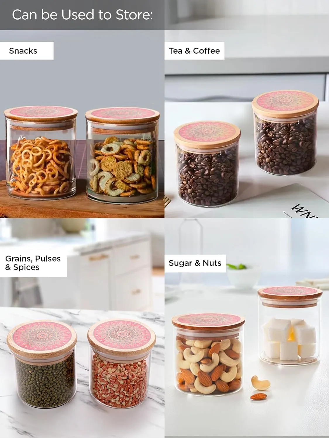 Homestic Borosilicate Glass Jar with Printed Bamboo Lid|Kitchen Organizer Items and Storage|Multi-utility, Leakproof, Airtight Storage Jar for Cookies,Snacks,Tea,Coffee,Sugar|Pack of 2(300ml)