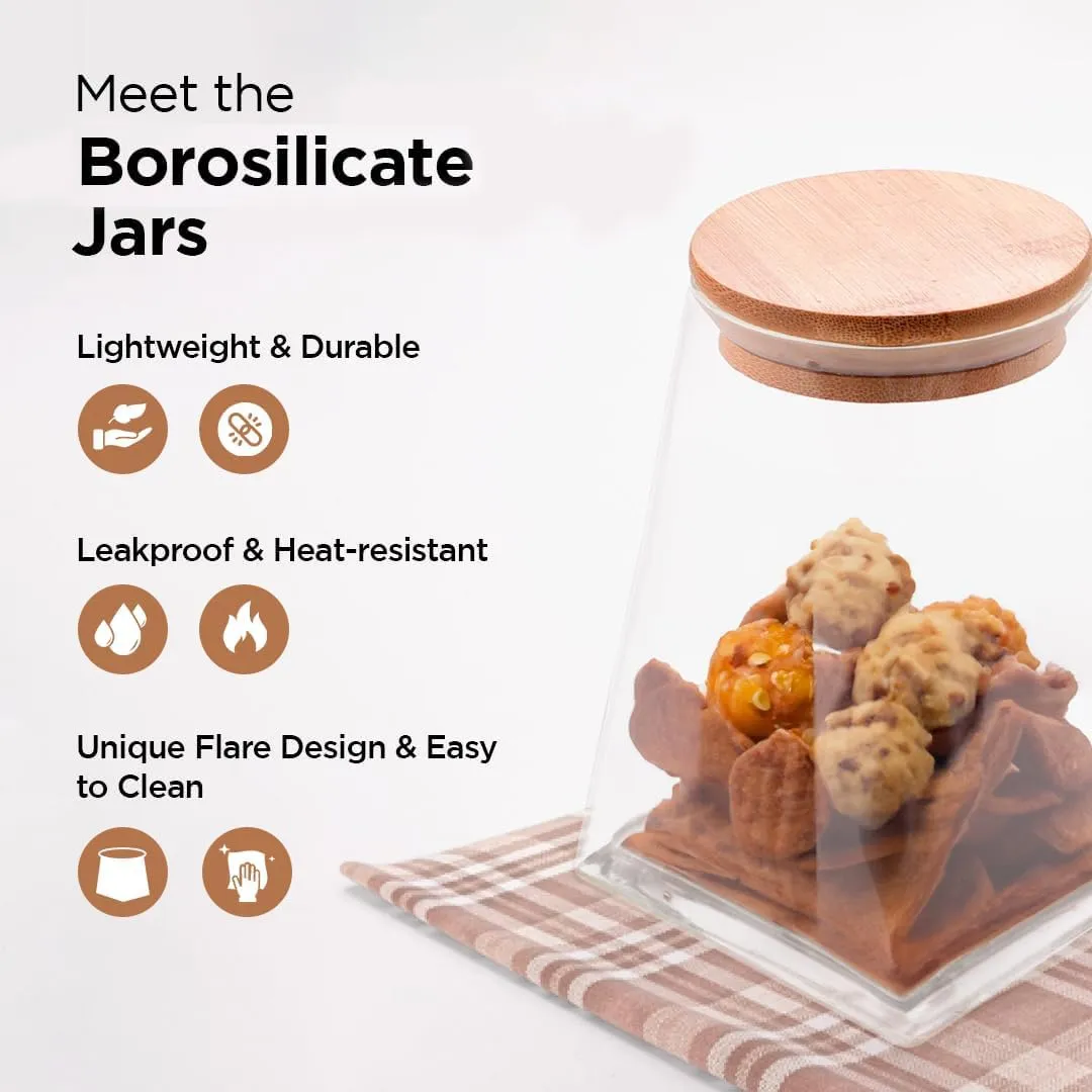 Kuber Industries Borosilicate Glass Jar with Bamboo Lid | Multi-utility | Leakproof | Airtight Storage Jar for Cookies, Snacks, Tea, Coffee, Sugar | Set of 2 (750ml, 980ml)