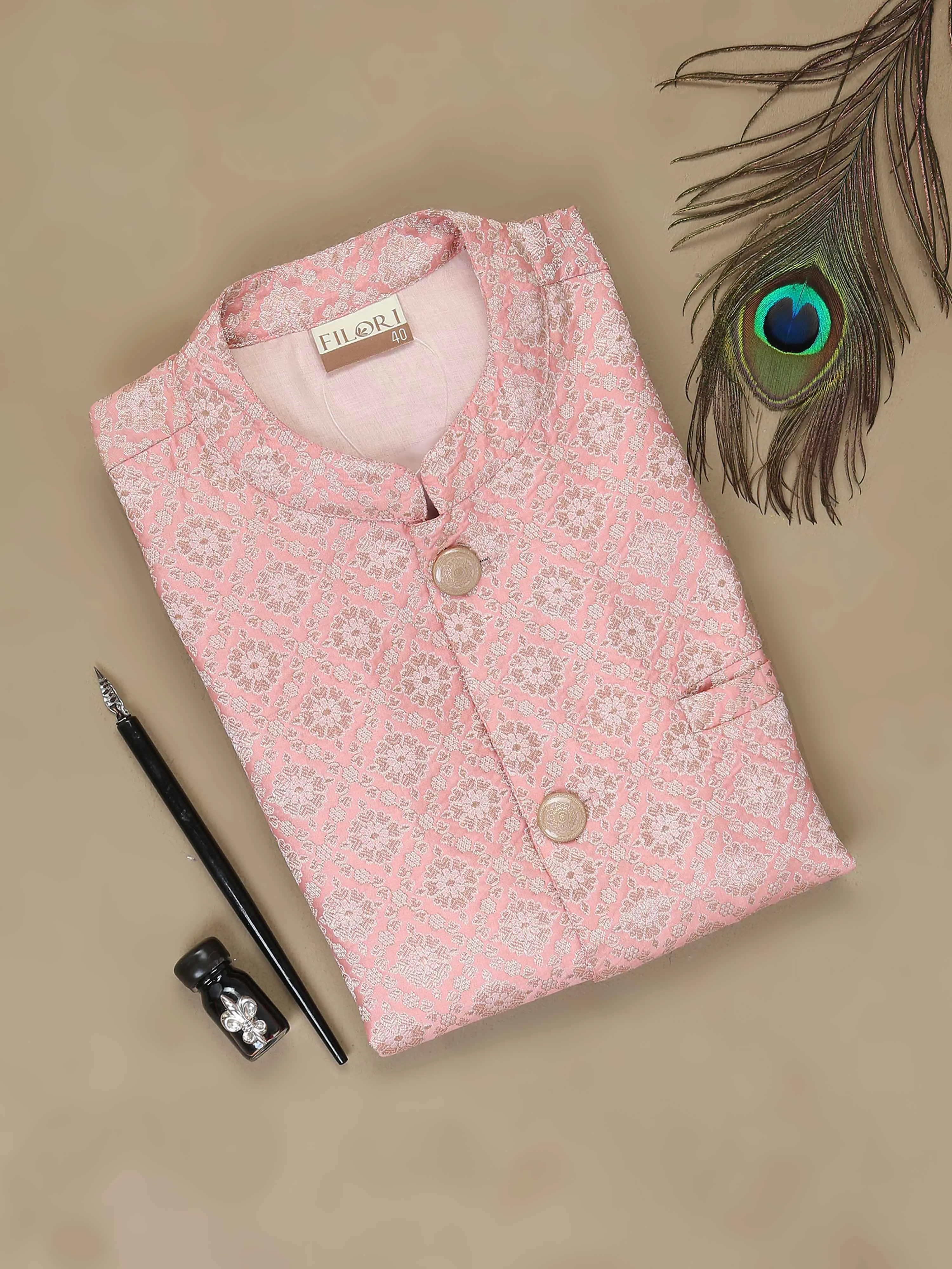 Light Pink Brocade Nehru Jacket