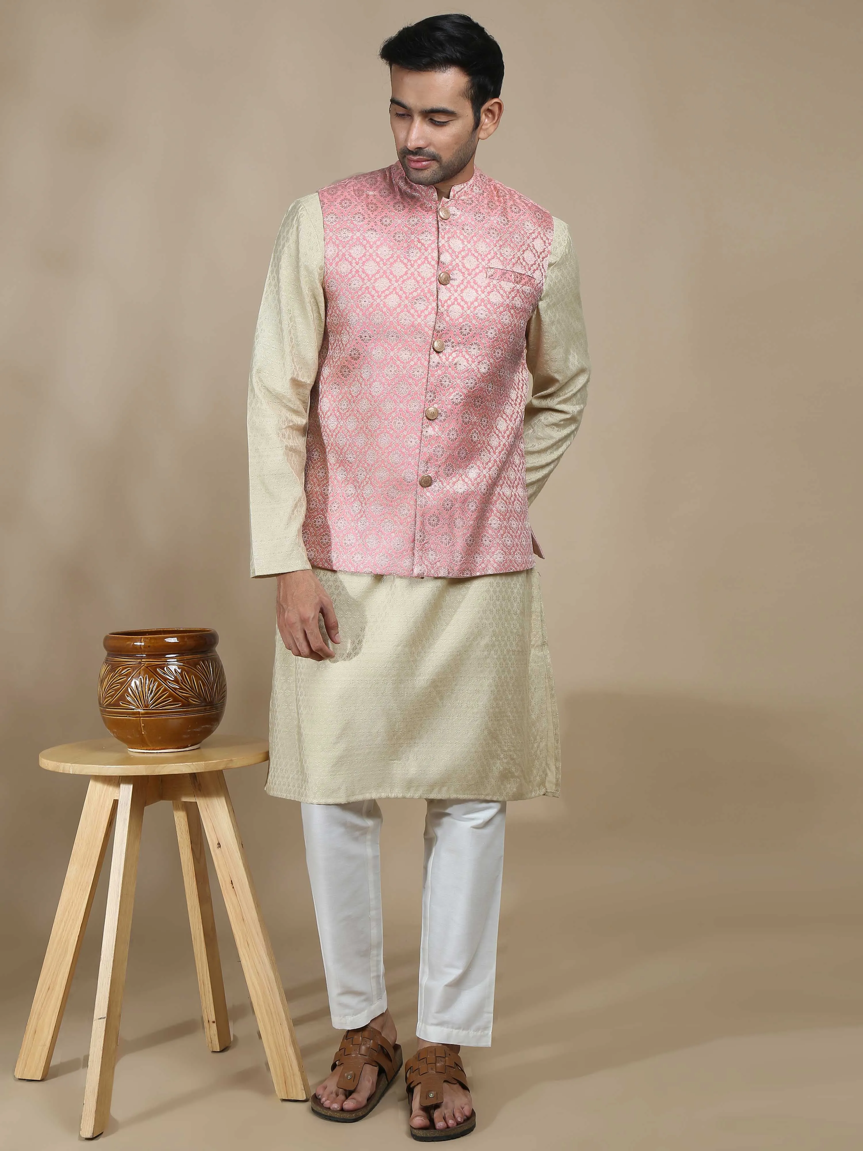 Light Pink Brocade Nehru Jacket