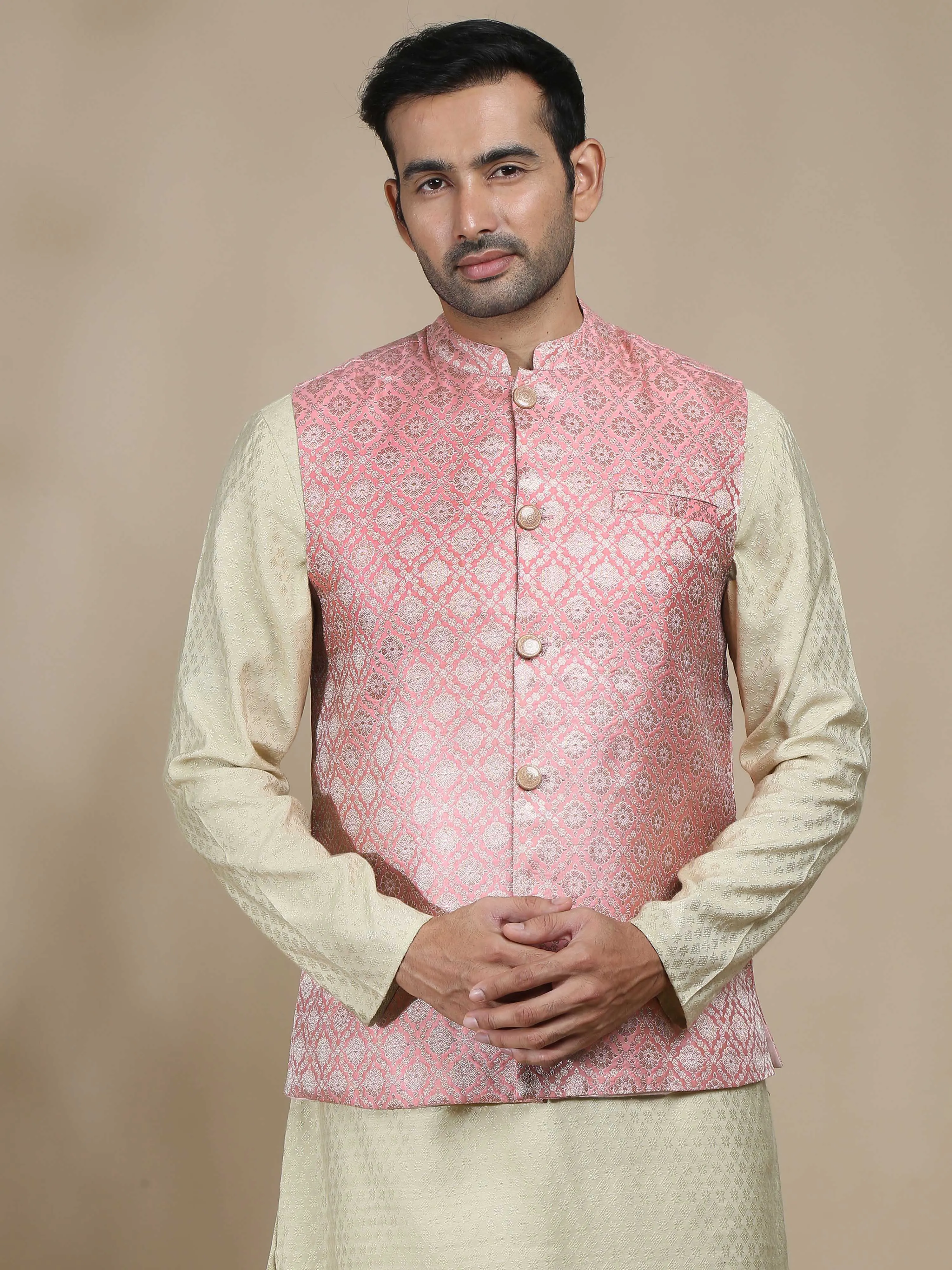 Light Pink Brocade Nehru Jacket