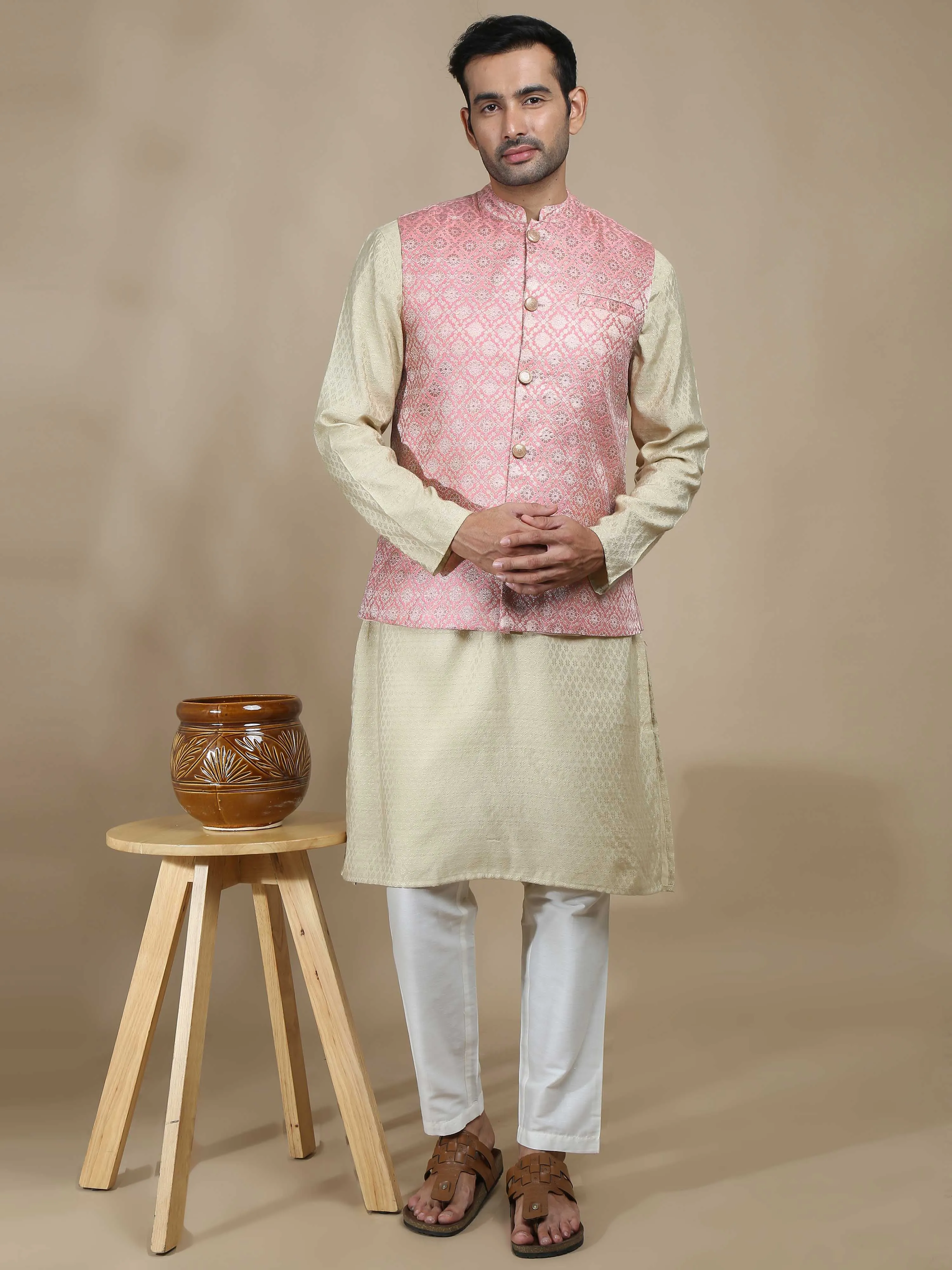 Light Pink Brocade Nehru Jacket
