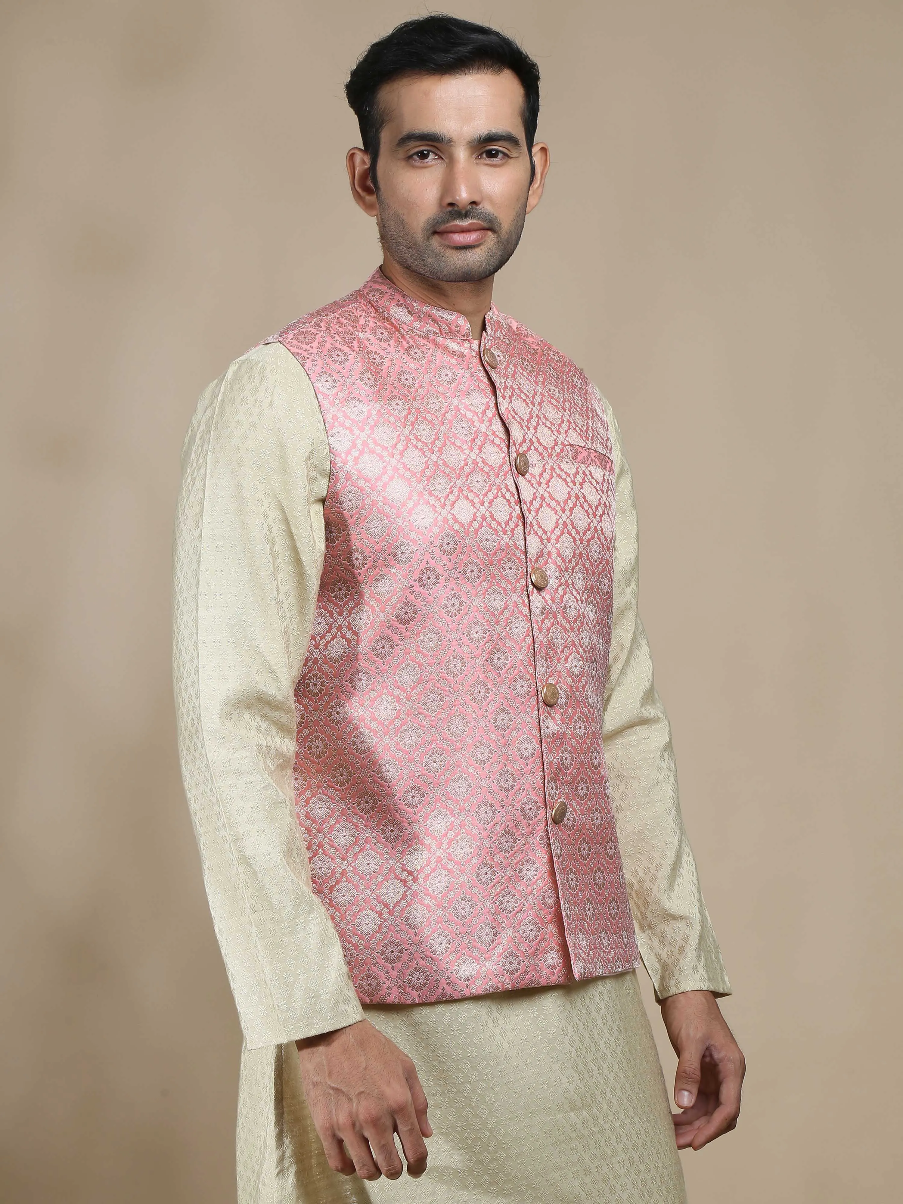 Light Pink Brocade Nehru Jacket