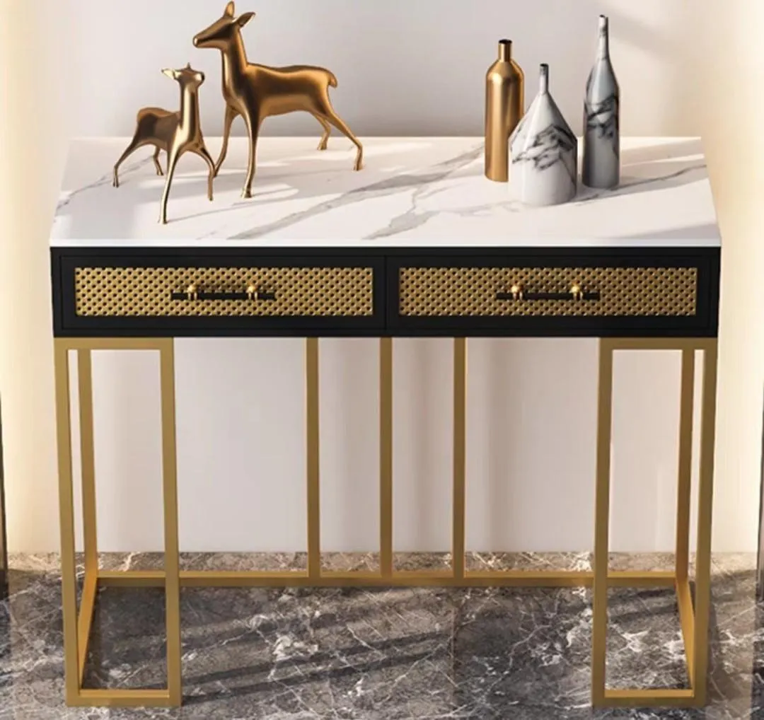 Luxurious Rectangle Iron Console Table with White Marble Top and Black Storage Box