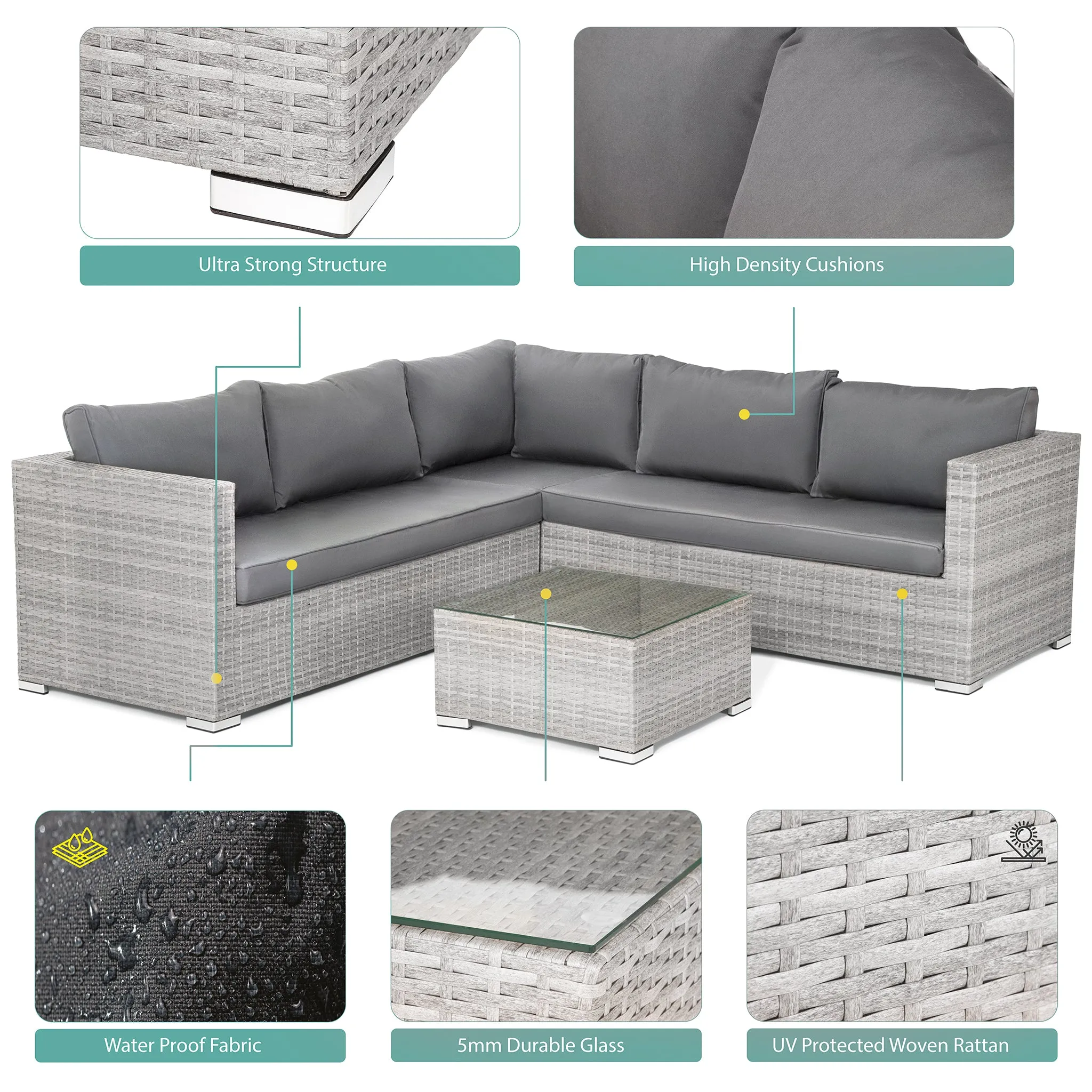 Matera 7 Seater Right Hand Corner Rattan Garden Sofa & Table Grey