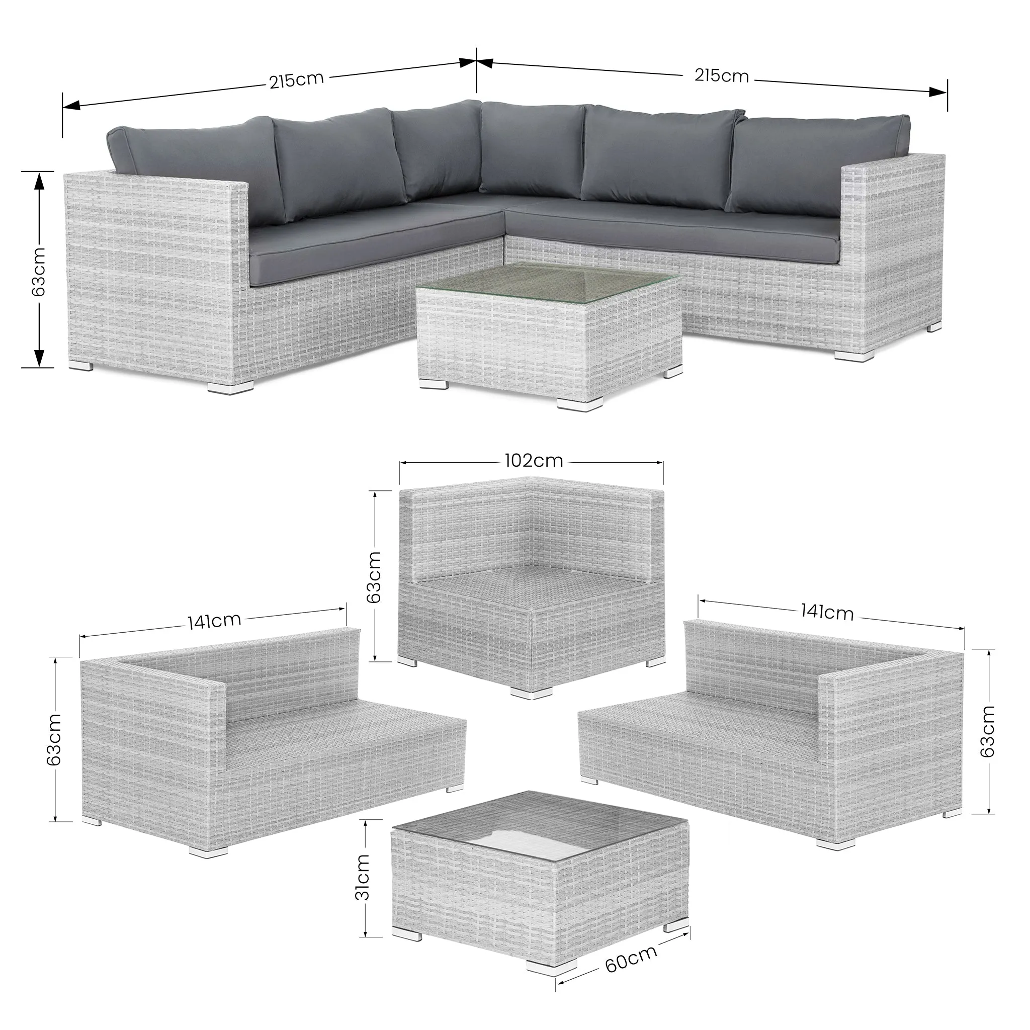 Matera 7 Seater Right Hand Corner Rattan Garden Sofa & Table Grey