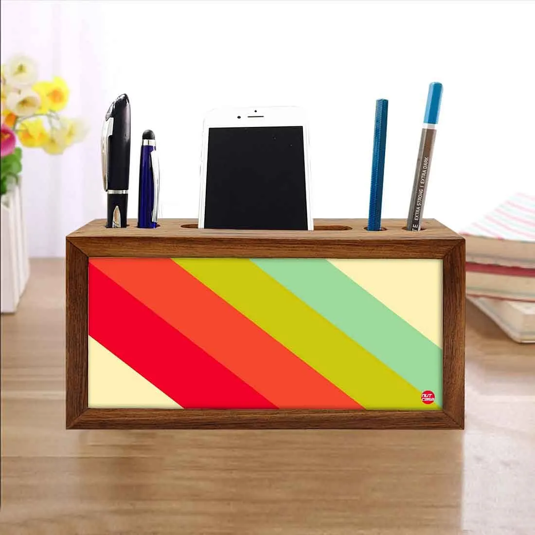 Mobile Pen Holder Wooden Desk Organizer - Color Strips