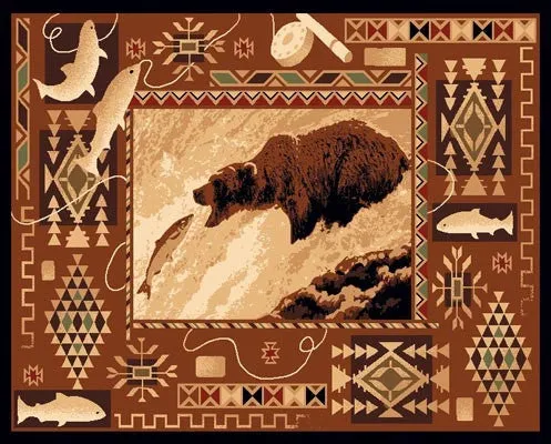 "Fishing Bear" Rustic Northwoods Area Rug - 2 x 3