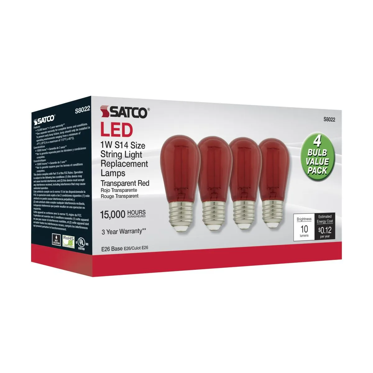 S14 Filament LED Bulb, 1W, 10lm, E26 Base, Transparent Red Finish, Pack Of 4