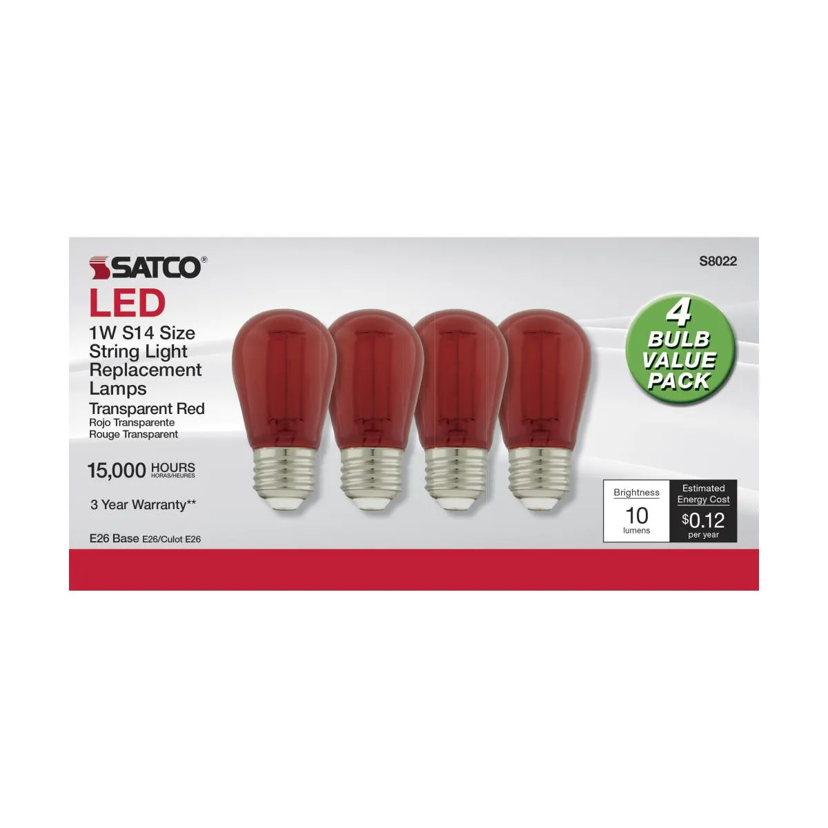 S14 Filament LED Bulb, 1W, 10lm, E26 Base, Transparent Red Finish, Pack Of 4