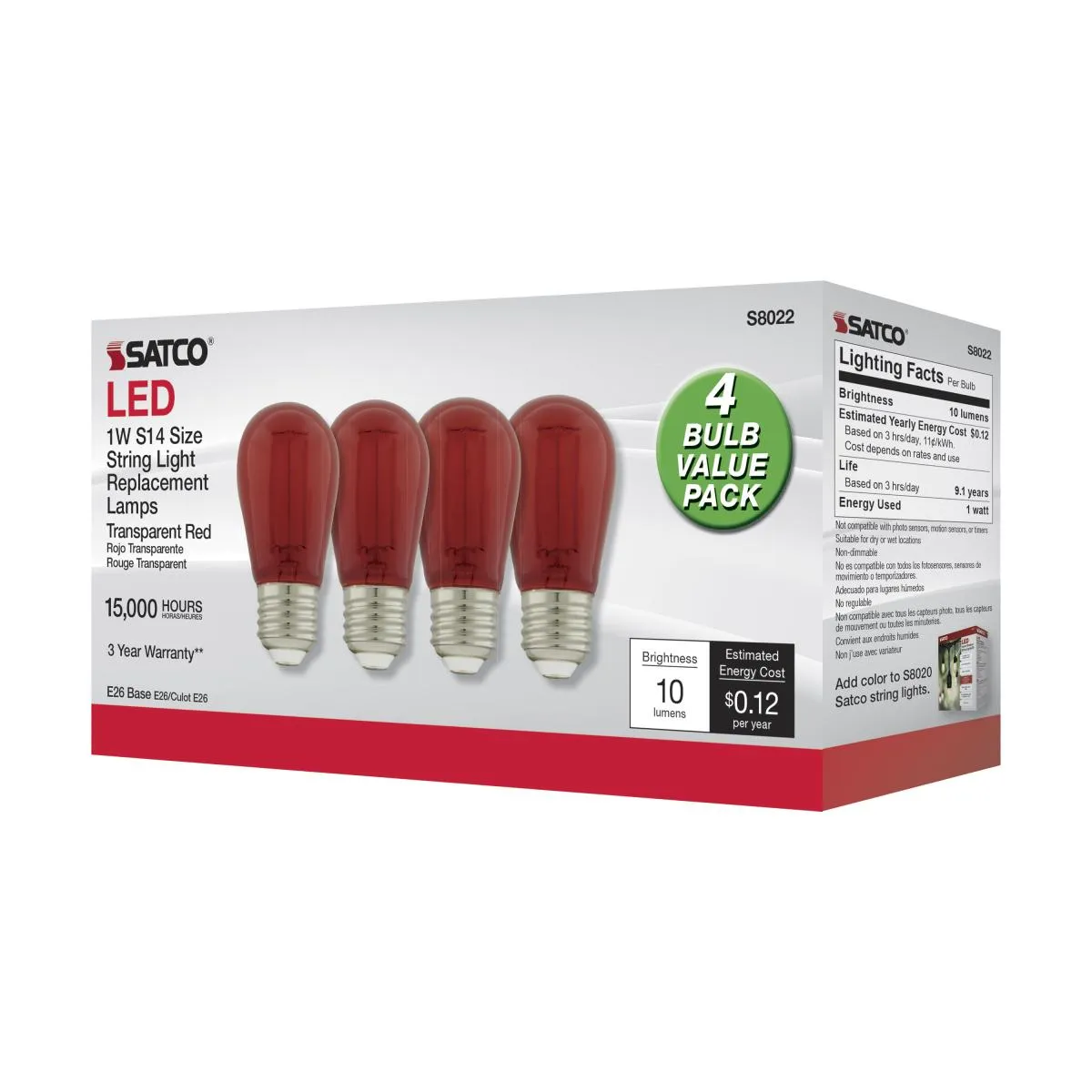 S14 Filament LED Bulb, 1W, 10lm, E26 Base, Transparent Red Finish, Pack Of 4