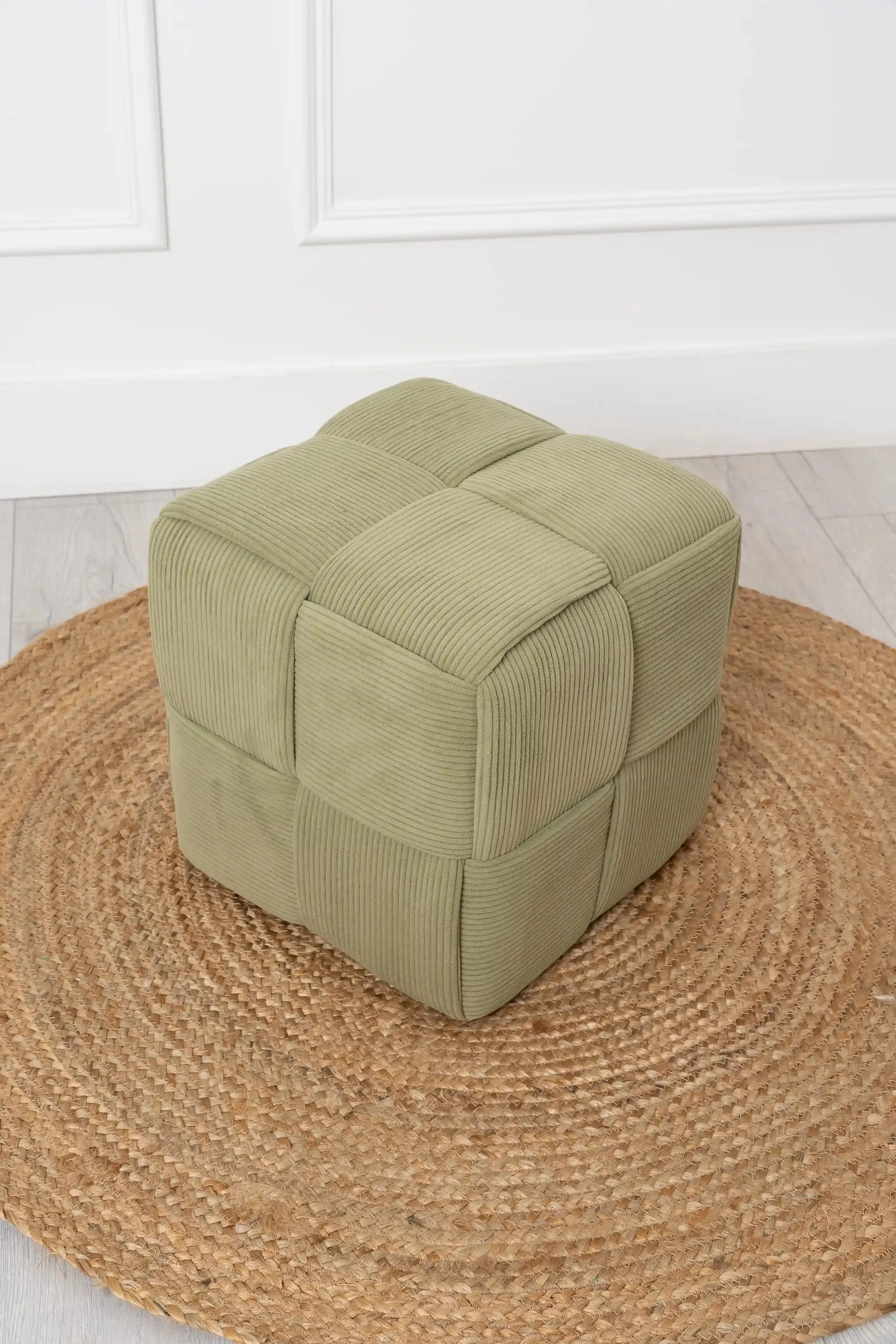 Sage Green Cord Fabric Wooden Ottoman Footstool