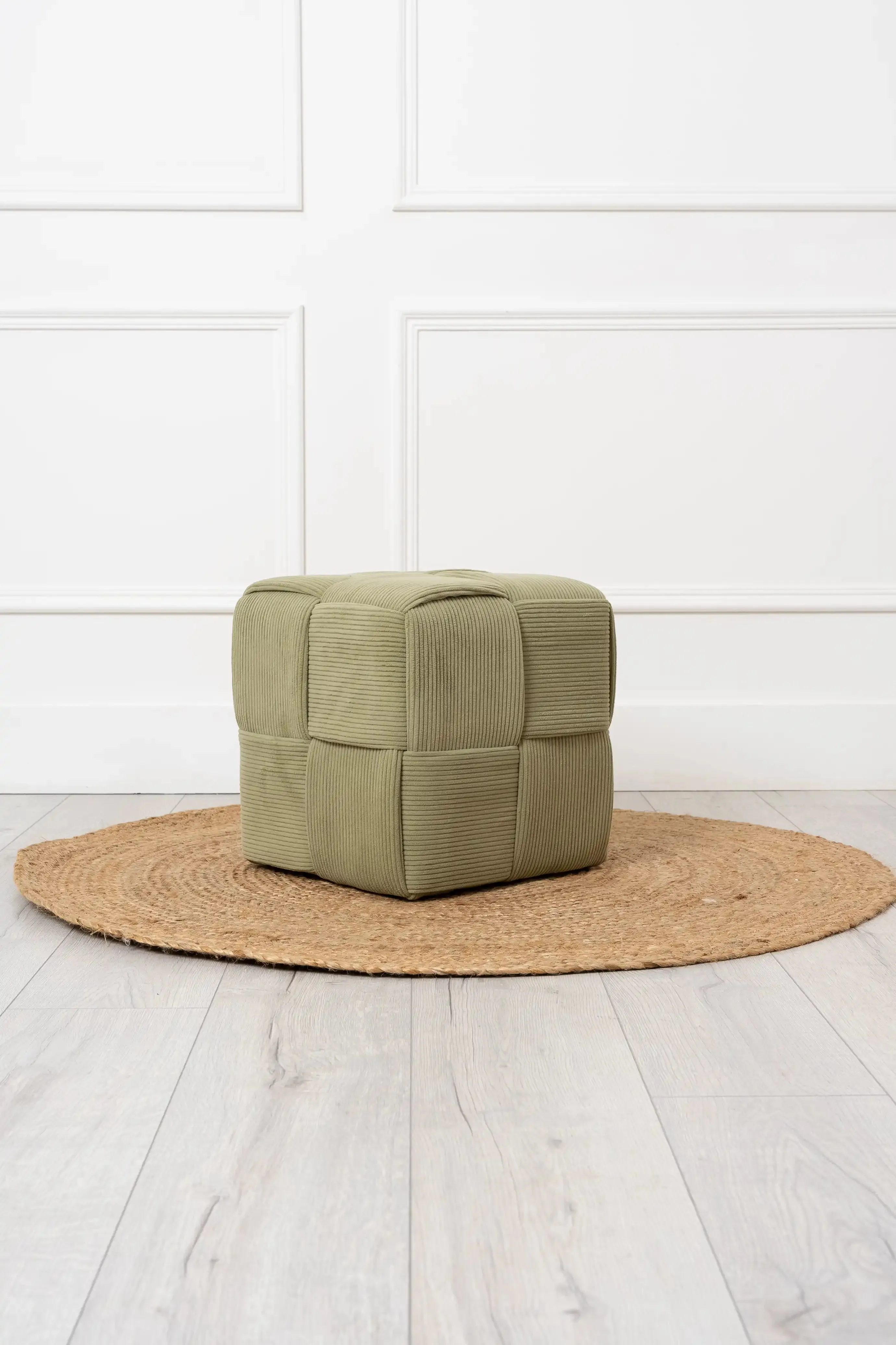 Sage Green Cord Fabric Wooden Ottoman Footstool