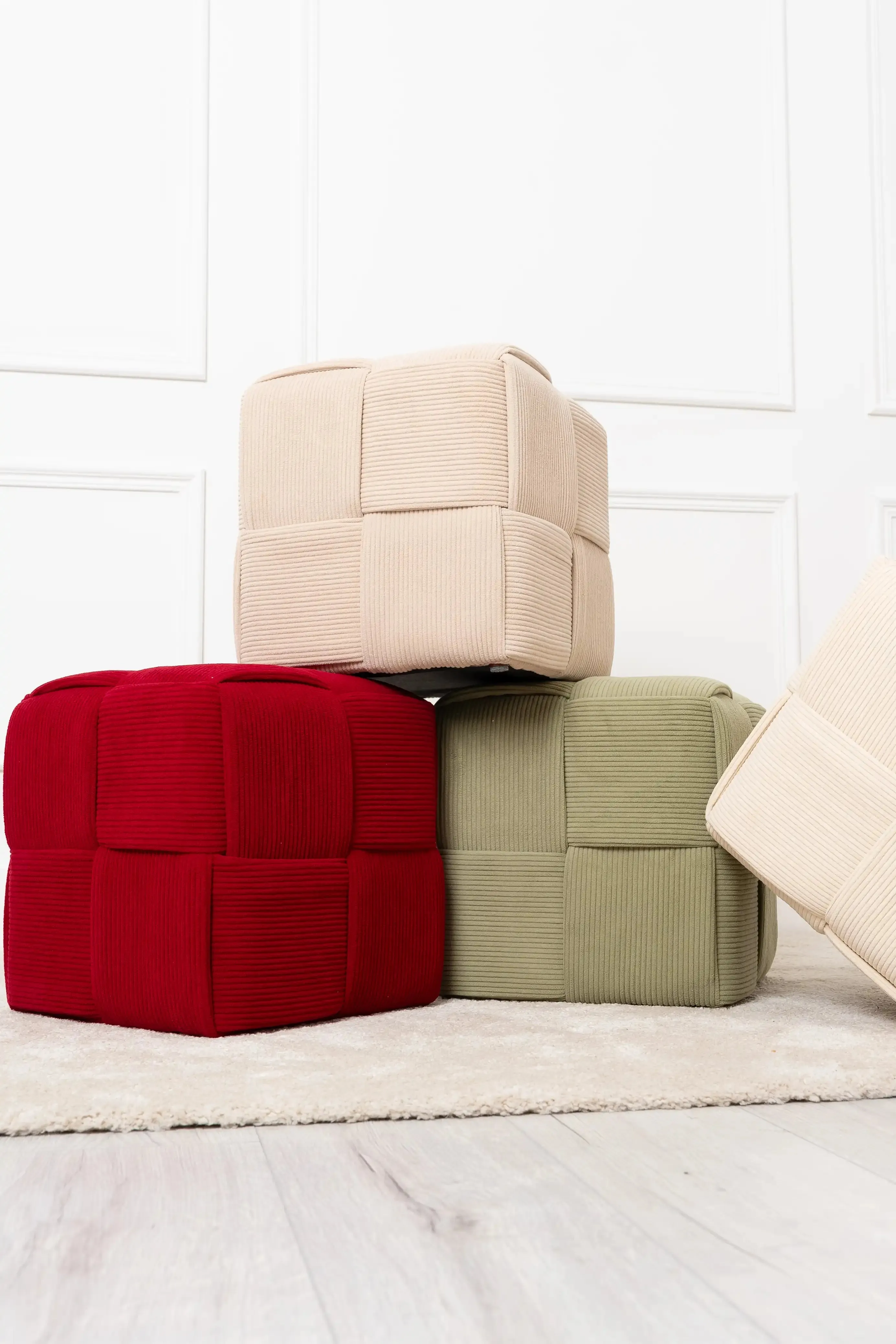 Sage Green Cord Fabric Wooden Ottoman Footstool