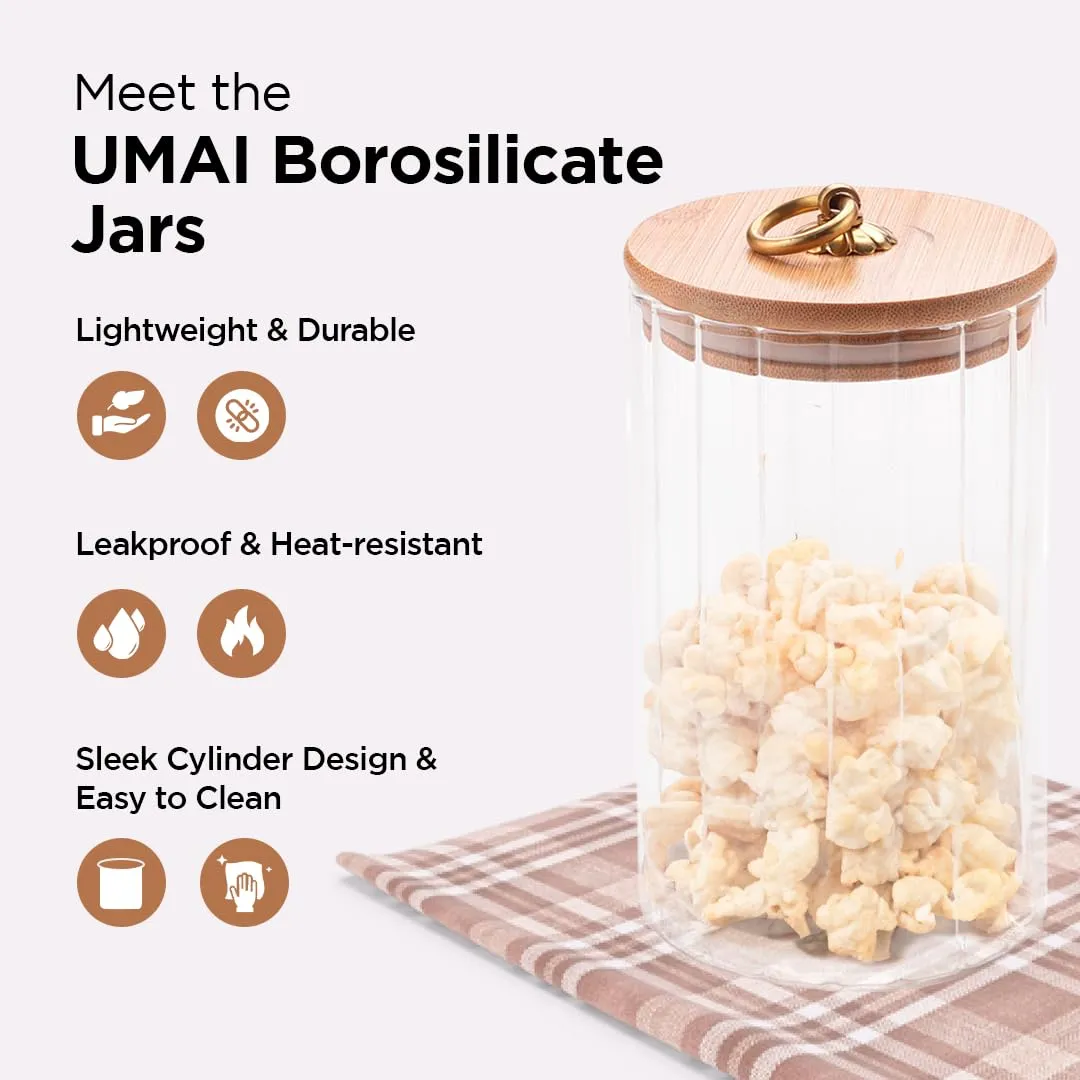 UMAI Borosilicate Glass Jar with Bamboo Lid | Kitchen Organizer Items and Storage | Multi-utility, Airtight Storage Jar for Cookies, Snacks, Tea, Coffee, Sugar | Set of 2 (1125ml) (Pack of 2)