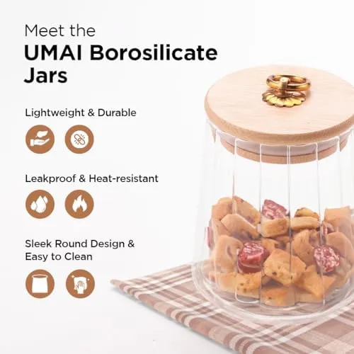 UMAI Borosilicate Glass Jar with Bamboo Lid | Kitchen Organizer Items and Storage | Multi-utility, Leakproof, Airtight Storage Jar for Cookies, Snacks, Tea, Coffee, Sugar (620 ml) (620ml (Pack of 3))