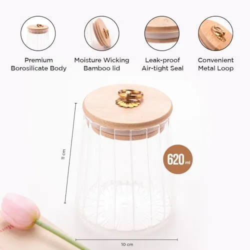 UMAI Borosilicate Glass Jar with Bamboo Lid | Kitchen Organizer Items and Storage | Multi-utility, Leakproof, Airtight Storage Jar for Cookies, Snacks, Tea, Coffee, Sugar (620 ml) (620ml (Pack of 3))