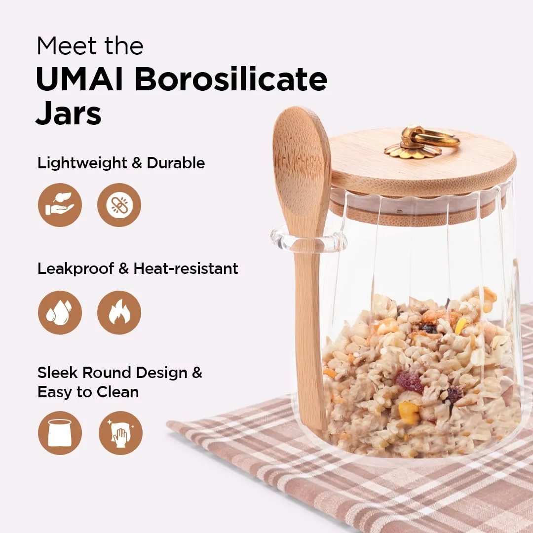 UMAI Borosilicate Glass Jar With Bamboo Lid Kitchen Organizer Items And Storage Multi-Utility, Leakproof, Airtight Storage Jar For Cookies, Snacks, Tea, Coffee, Sugar Set Of 2 (635Ml), Transparent