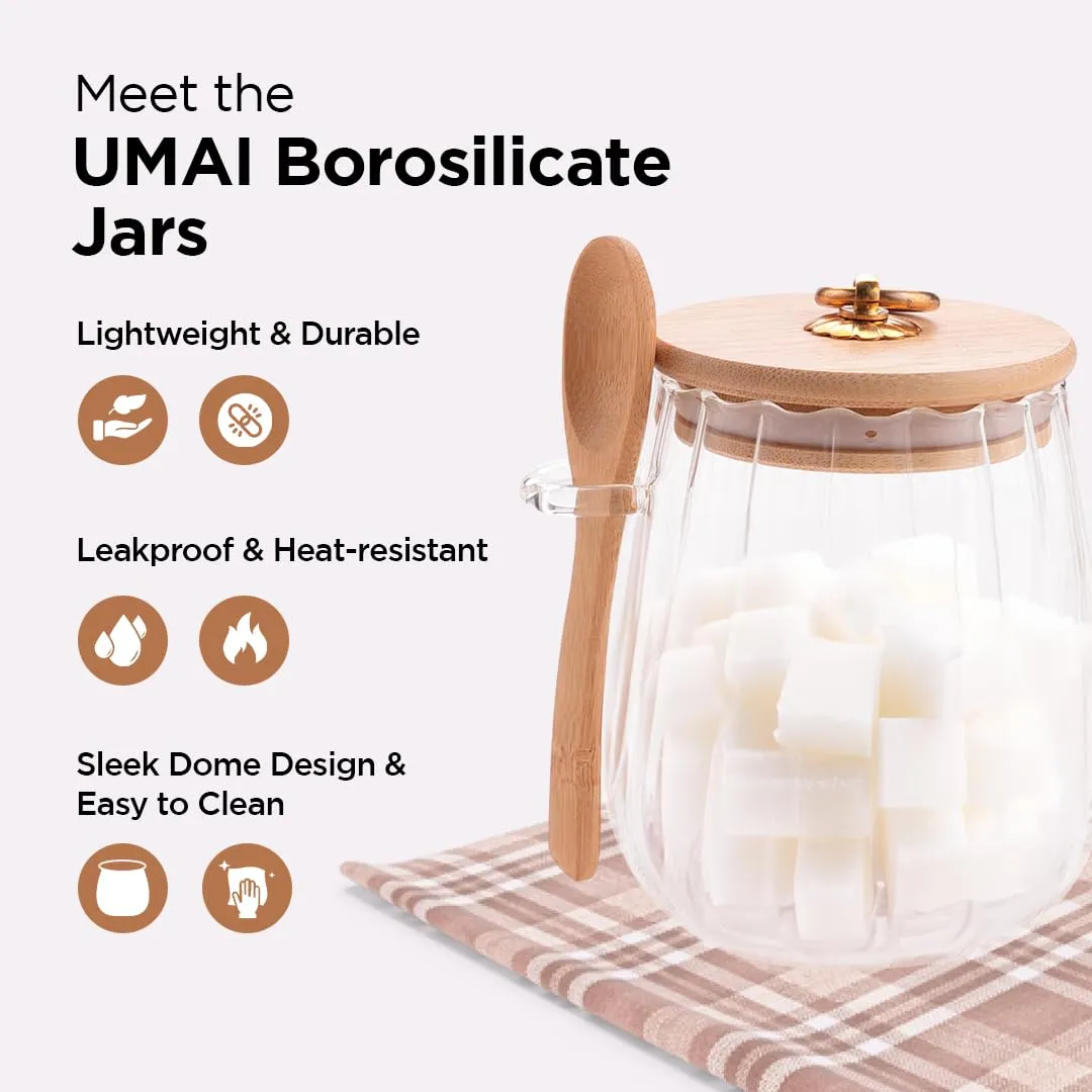 UMAI Borosilicate Glass Jar with Bamboo Lid | Kitchen Organizer Items and Storage | Multi-utility, Leakproof, Airtight Storage Jar for Cookies, Snacks, Tea, Coffee, Sugar | Set of 2 (680ml)