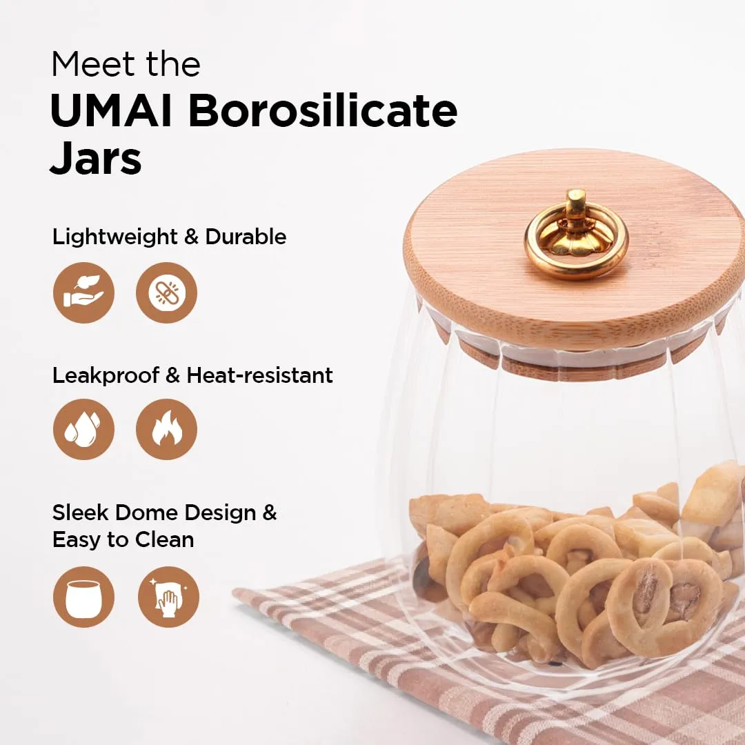 UMAI Borosilicate Glass Jar with Bamboo Lid | Kitchen Organizer Items and Storage | Multi-utility, Leakproof, Airtight Storage Jar for Cookies, Snacks, Tea, Coffee, Sugar | Set of 2 (830ml)