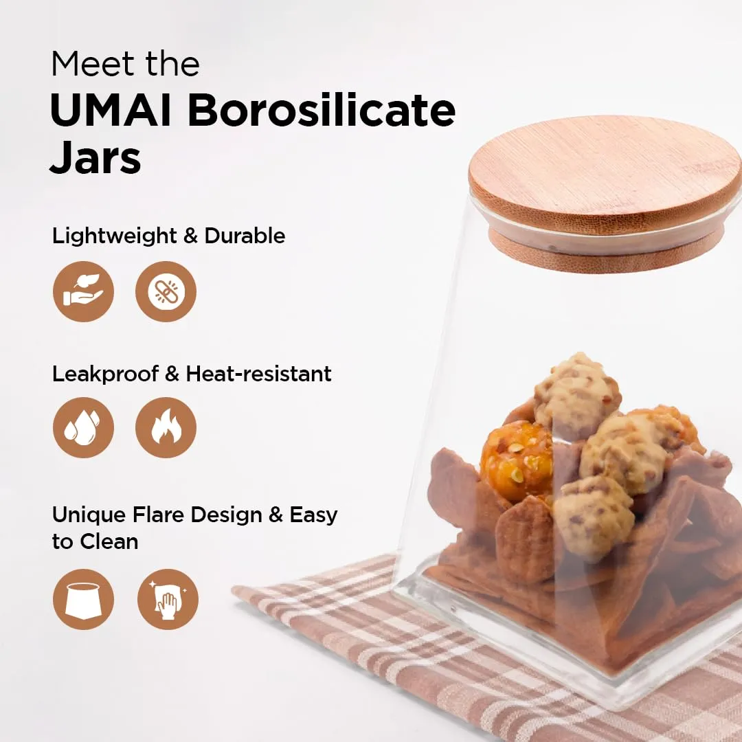 UMAI Borosilicate Glass Jar with Bamboo Lid | Kitchen Organizer Items and Storage | Multi-utility, Leakproof, Airtight Storage Jar for Cookies, Snacks, Tea, Coffee, Sugar | Set of 2 (980ml)