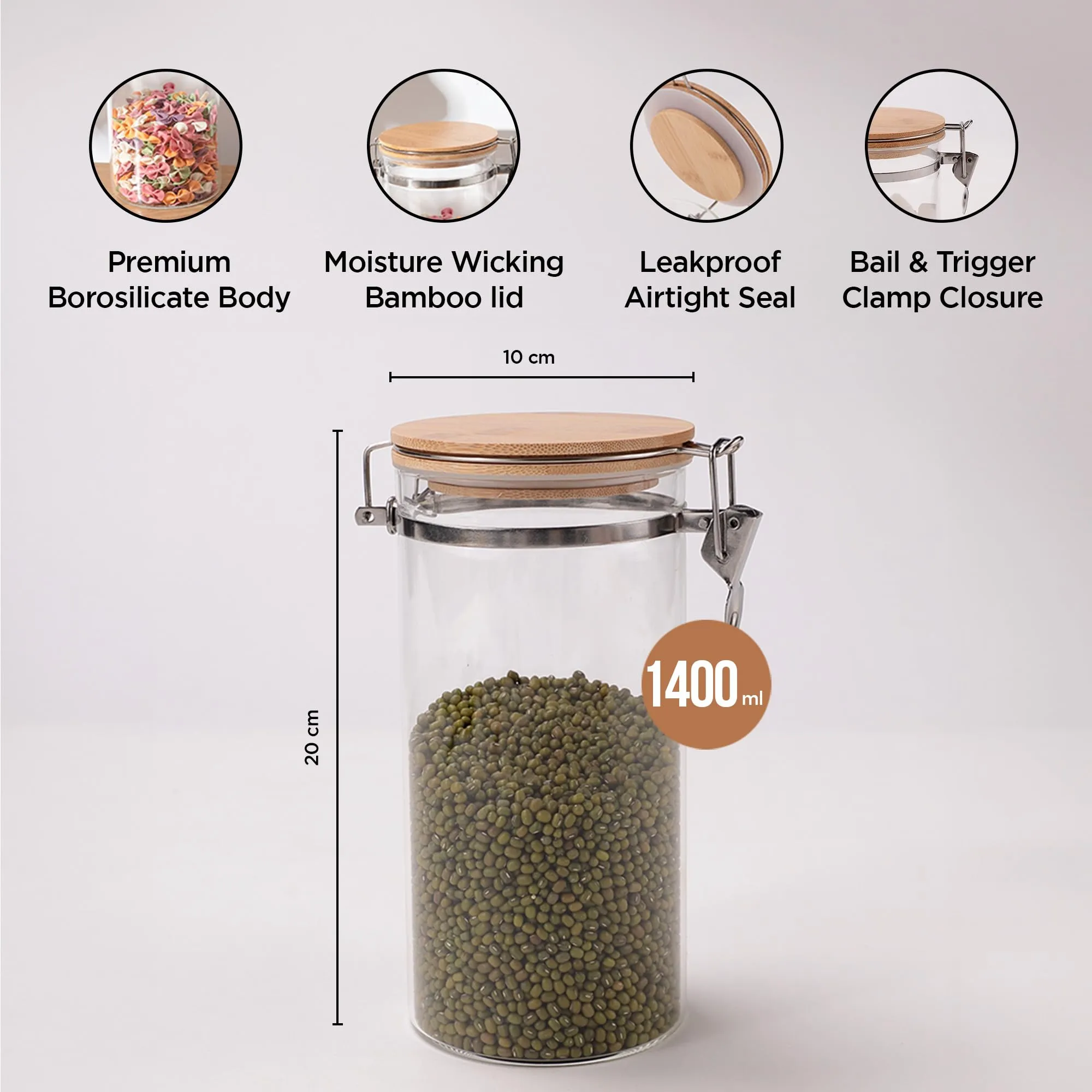 UMAI Pack of 2 Kitchen Containers Set with Wooden Lid 1400ml | Transparent Airtight Borosilicate Jars for Kitchen Storage | Ideal for Cookies, Snacks, Spices, Tea, Coffee, Sugar & Dry Fruits