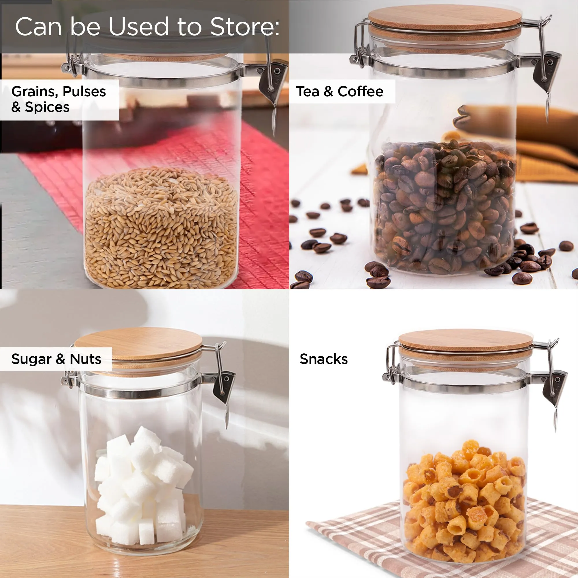 UMAI Pack of 2 Kitchen Containers Set with Wooden Lid 1400ml | Transparent Airtight Borosilicate Jars for Kitchen Storage | Ideal for Cookies, Snacks, Spices, Tea, Coffee, Sugar & Dry Fruits