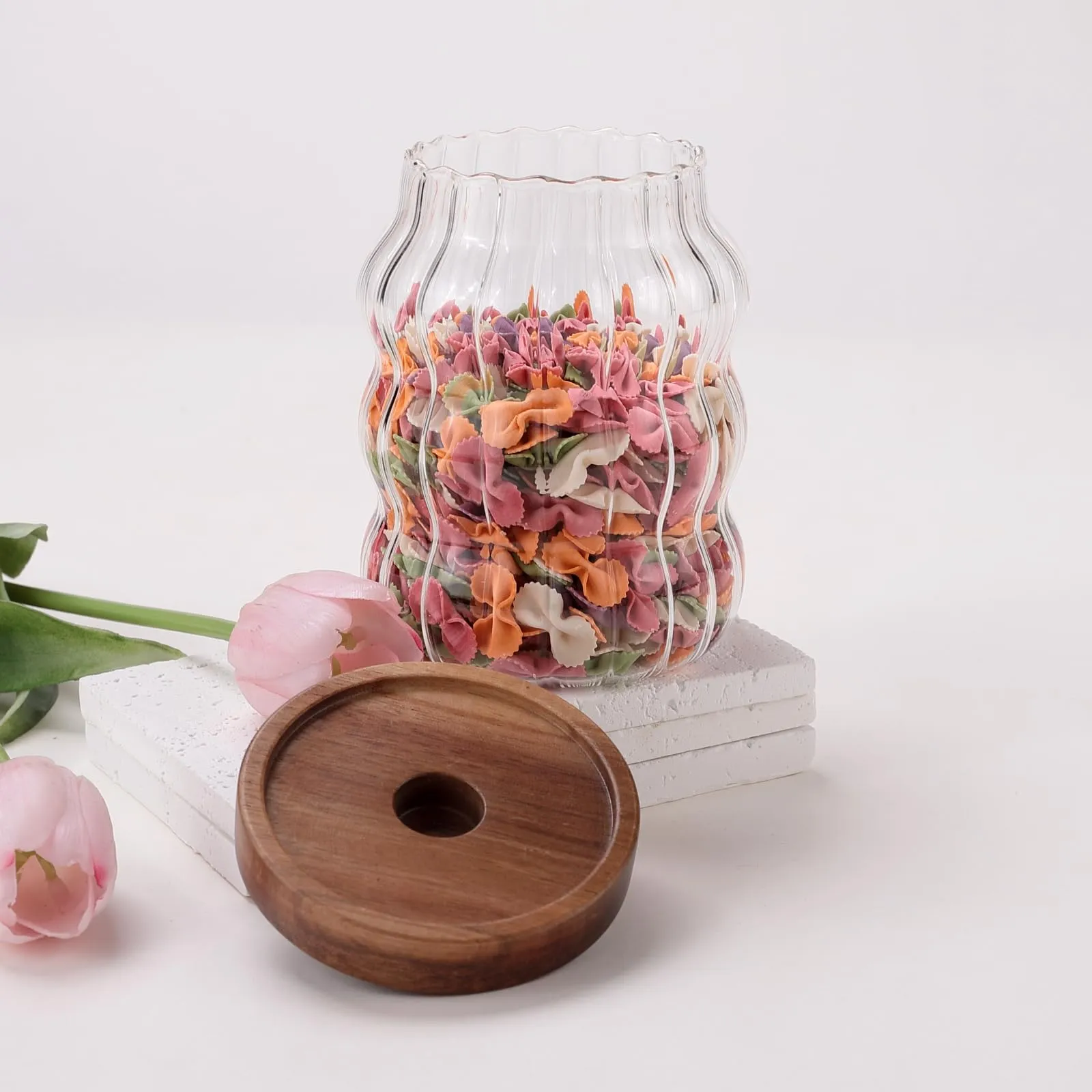 UMAI Wave Series Kitchen Containers Set with Acacia Lid | 620ml | Kitchen Organizer Items | Airtight Kitchen Storage Jar set for Snacks Tea Coffee Sugar | Transparent | Multipurpose | Pack of 2