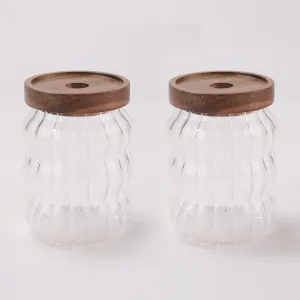UMAI Wave Series Kitchen Containers Set with Acacia Lid | 620ml | Kitchen Organizer Items | Airtight Kitchen Storage Jar set for Snacks Tea Coffee Sugar | Transparent | Multipurpose | Pack of 2