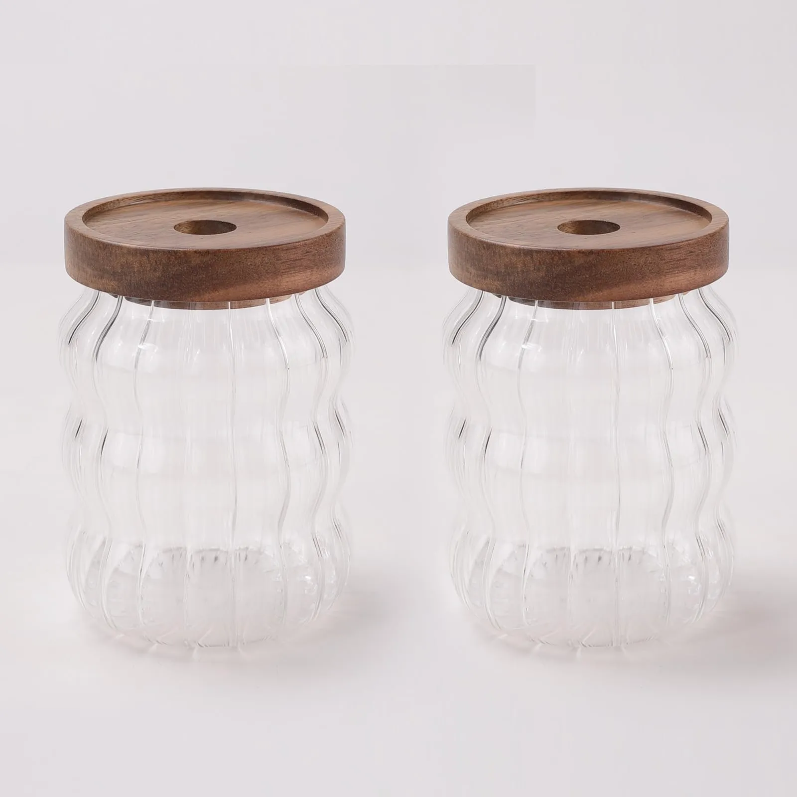 UMAI Wave Series Kitchen Containers Set with Acacia Lid | 620ml | Kitchen Organizer Items | Airtight Kitchen Storage Jar set for Snacks Tea Coffee Sugar | Transparent | Multipurpose | Pack of 2