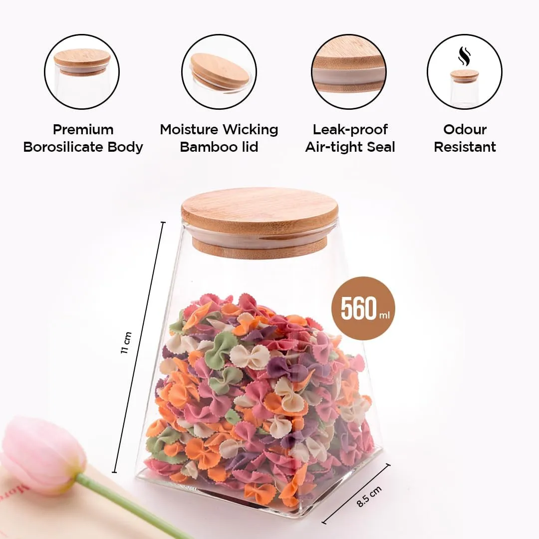Urbane Home Borosilicate Glass Jar with Bamboo Lid | Kitchen Organizer Items & Storage | Multi-utility, Leakproof, Airtight Storage Jar for Cookies, Snacks, Tea, Coffee, Sugar | Set of 2 (560ml)